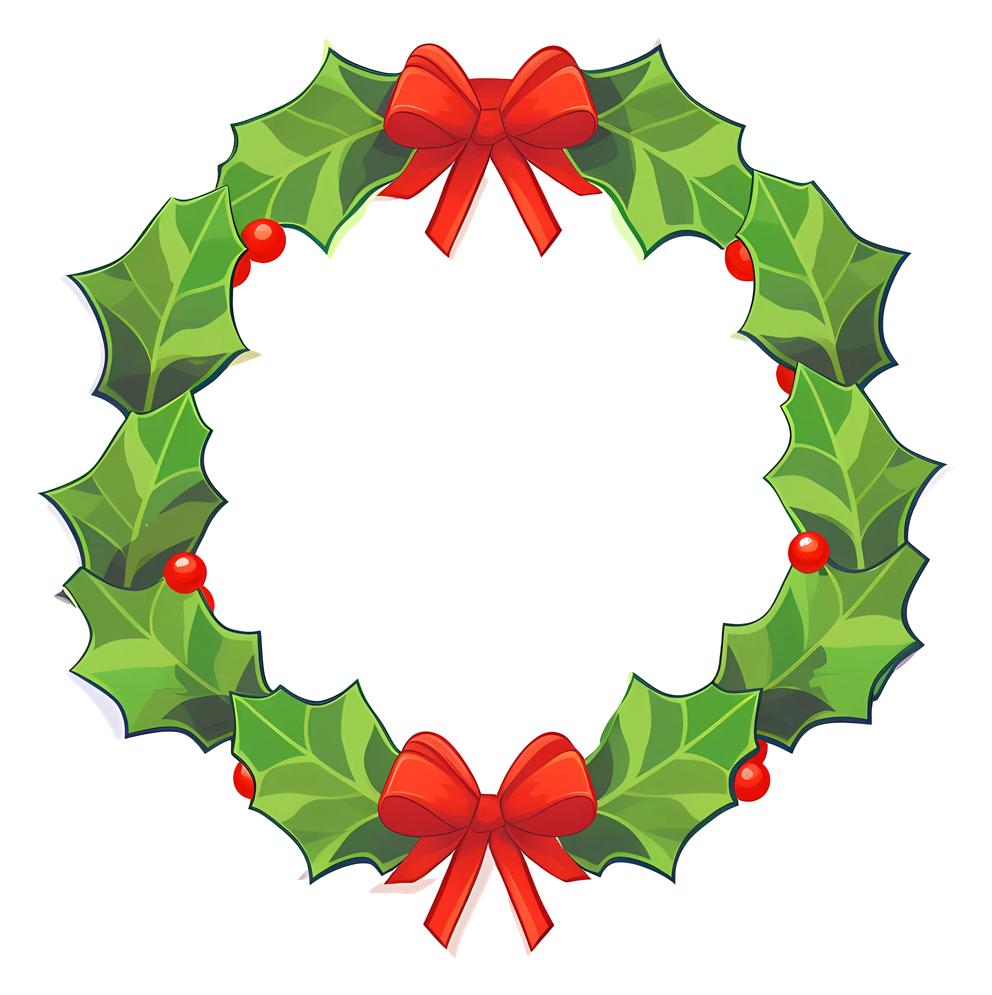 Christmas Wreath with Holly Leaves and Red Ribbon