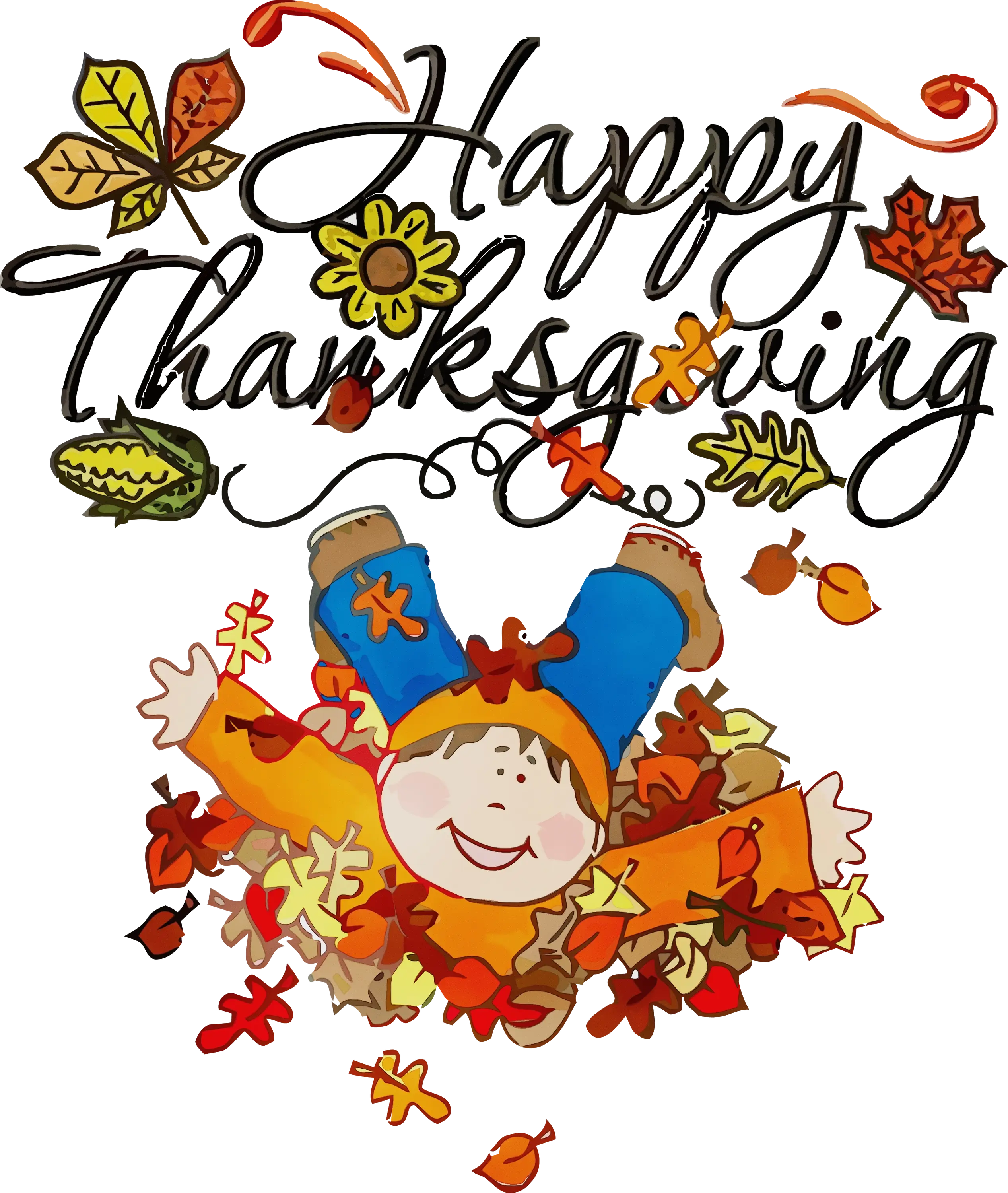 Happy Thanksgiving with Child and Fall Leaves