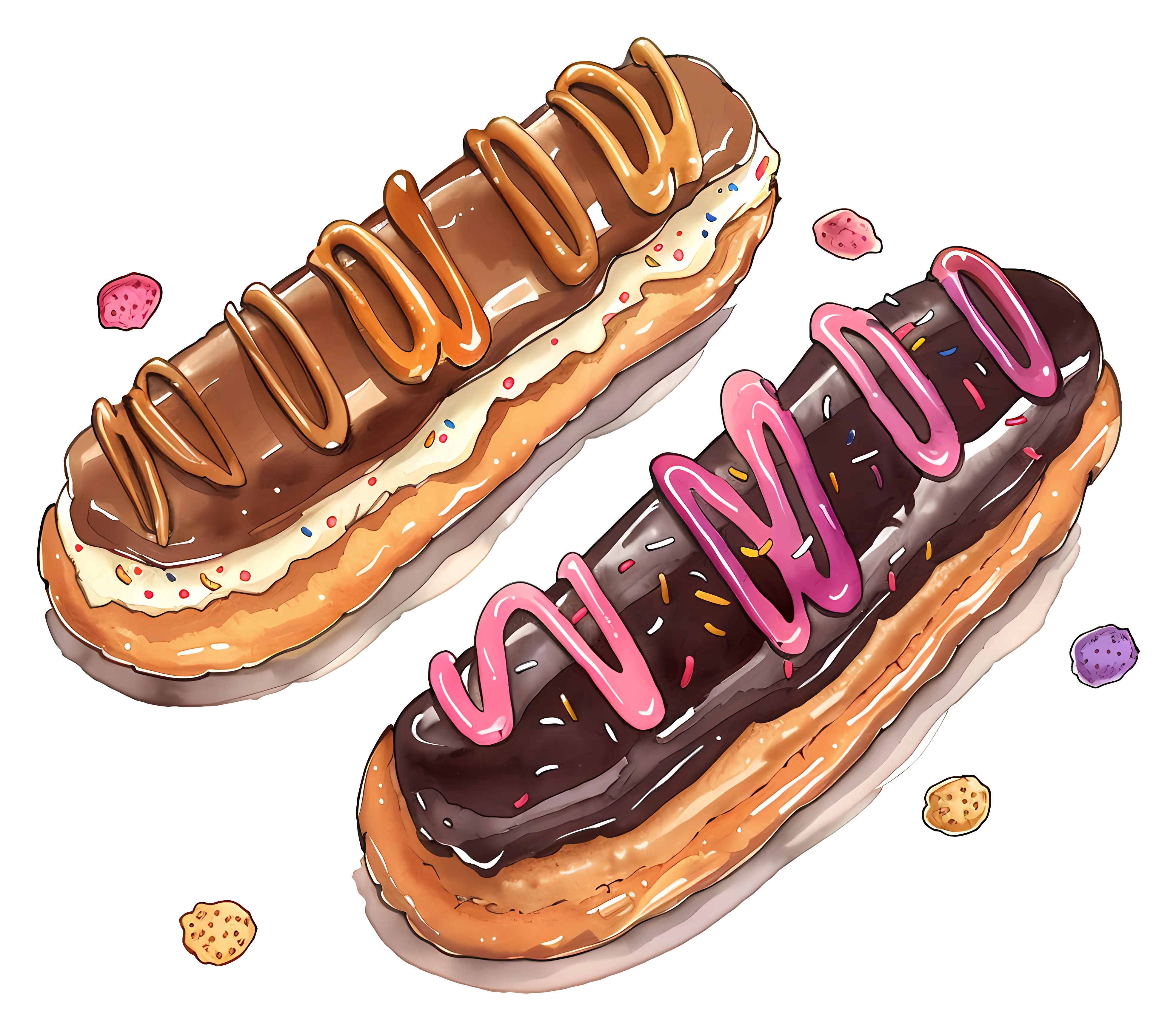 Chocolate Ã‰clairs with Cream and Decorative Icing