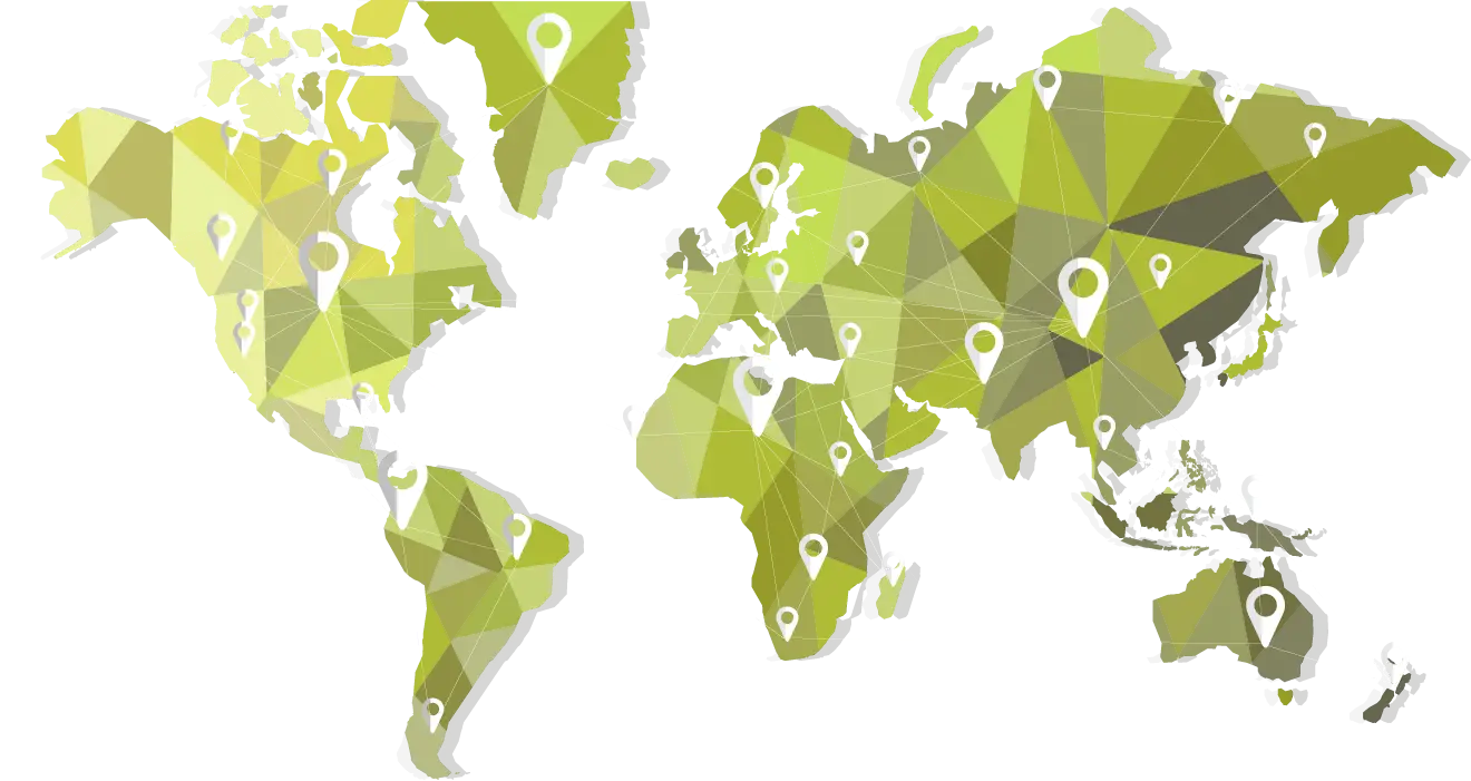Green Polygonal World Map with Location Pins