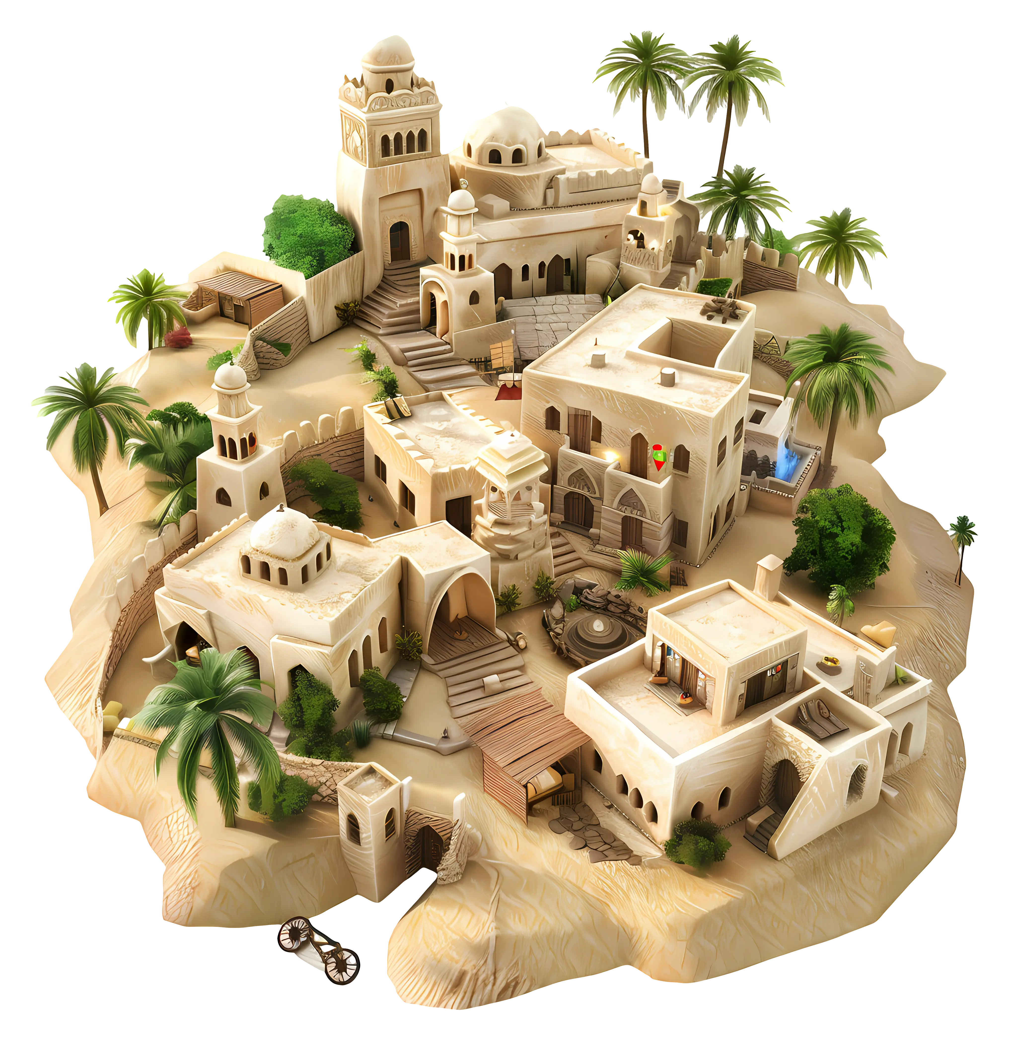 Desert Village Illustration with Oasis and Sand-Tone Buildings
