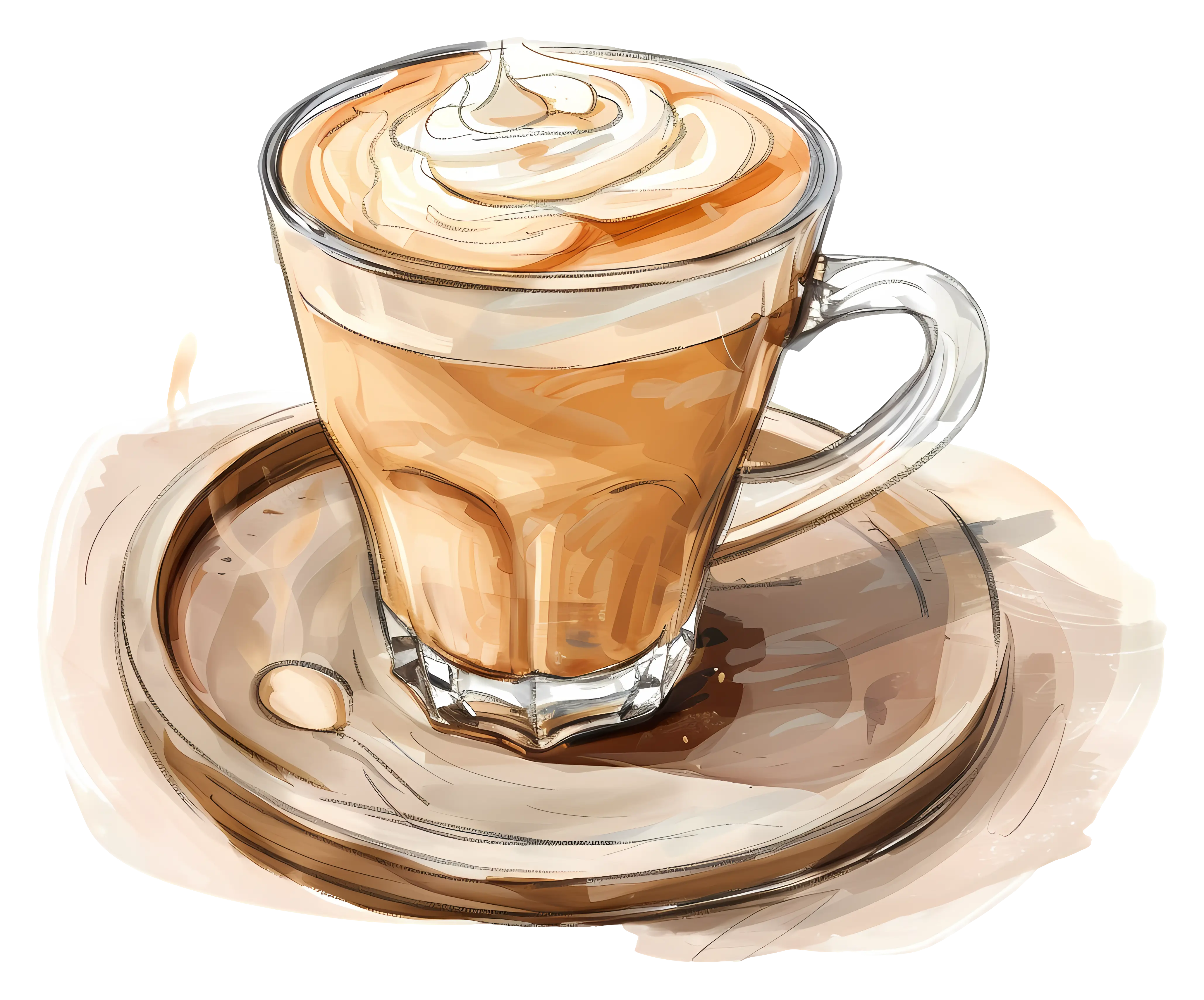 Glass of coffee with frothy topping on a wooden plate