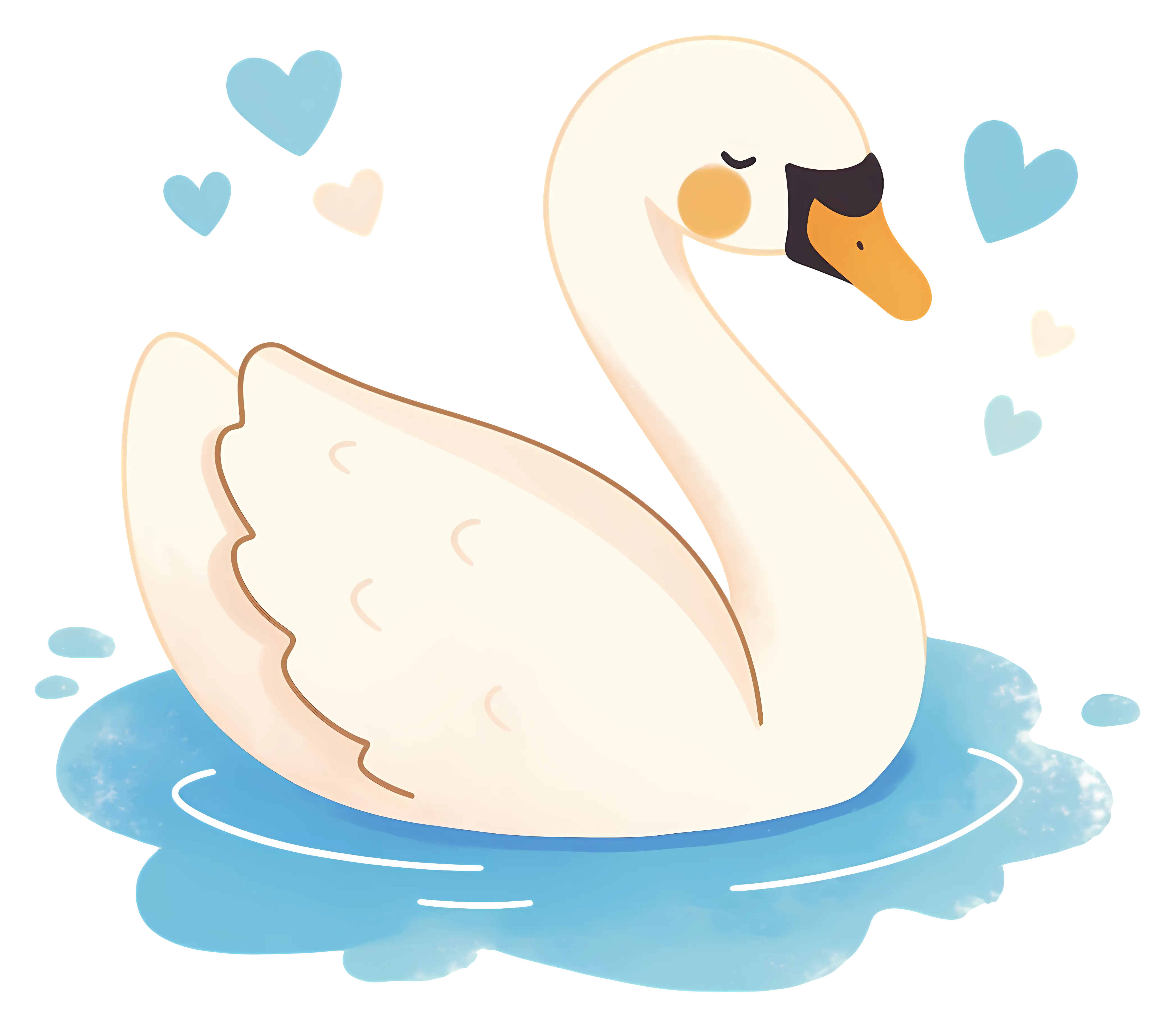 Cute Cartoon Swan on Water with Hearts