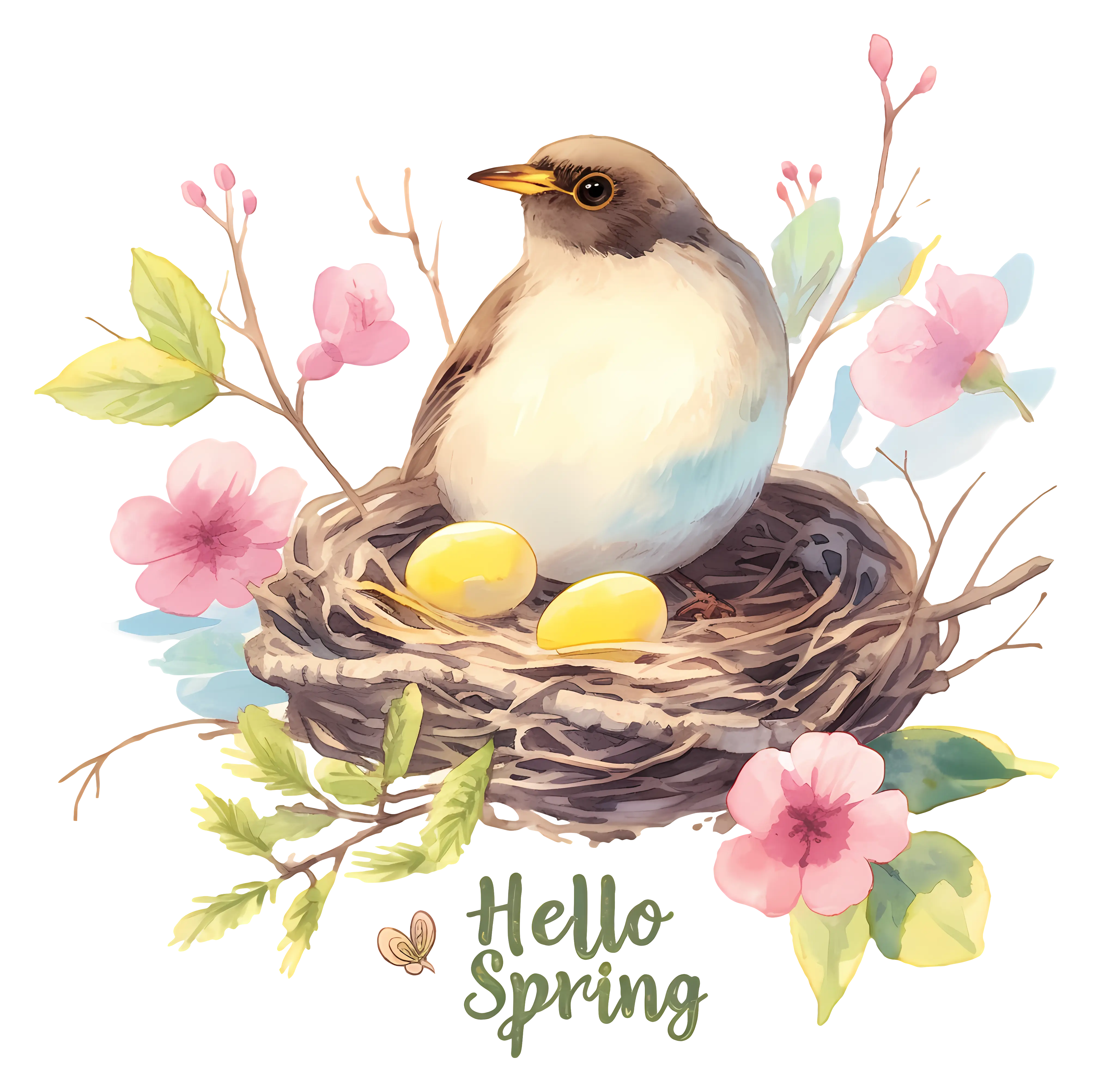 Spring Bird in Nest with Flowers