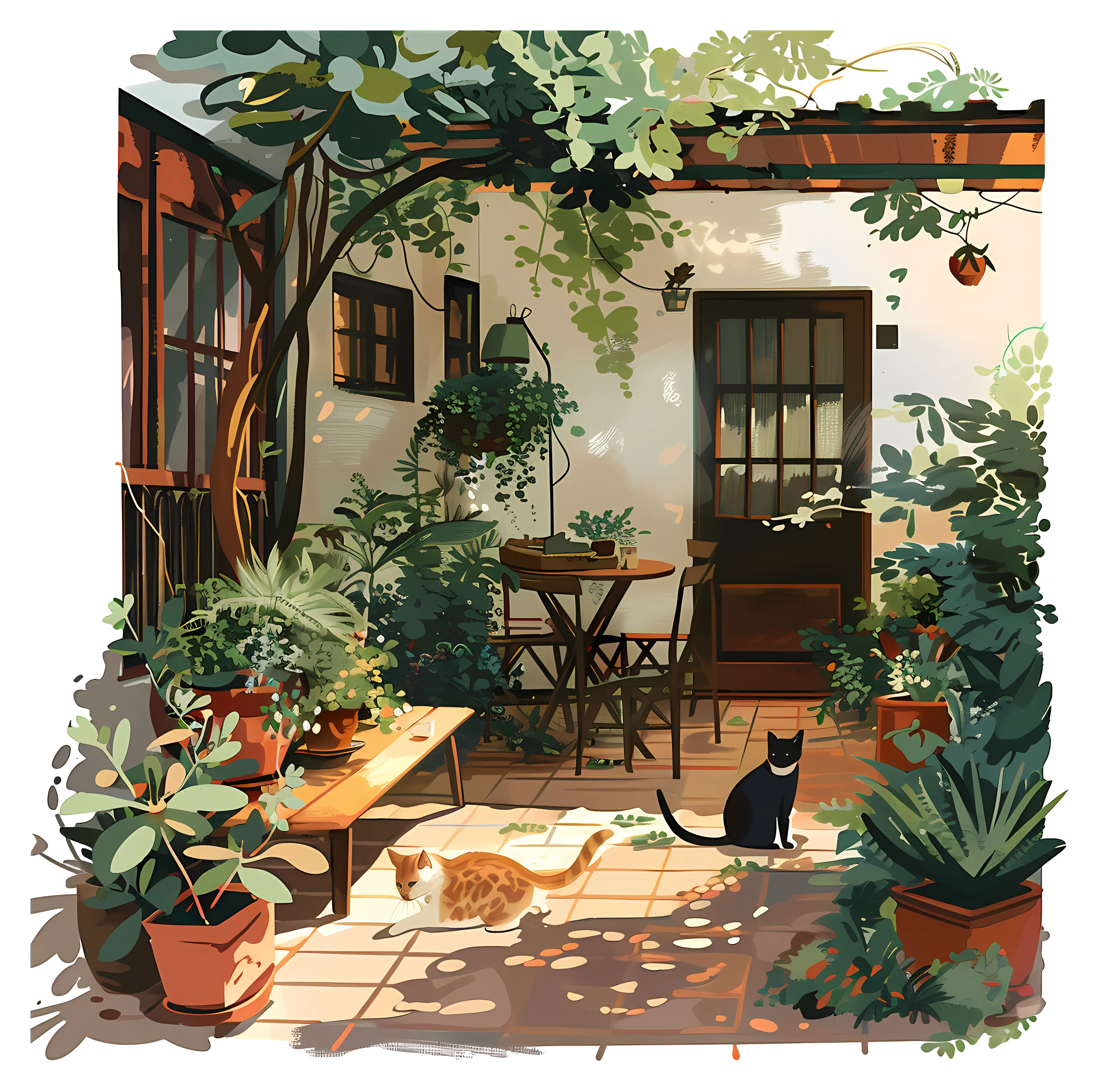 Beautiful Garden with Cats and Plants