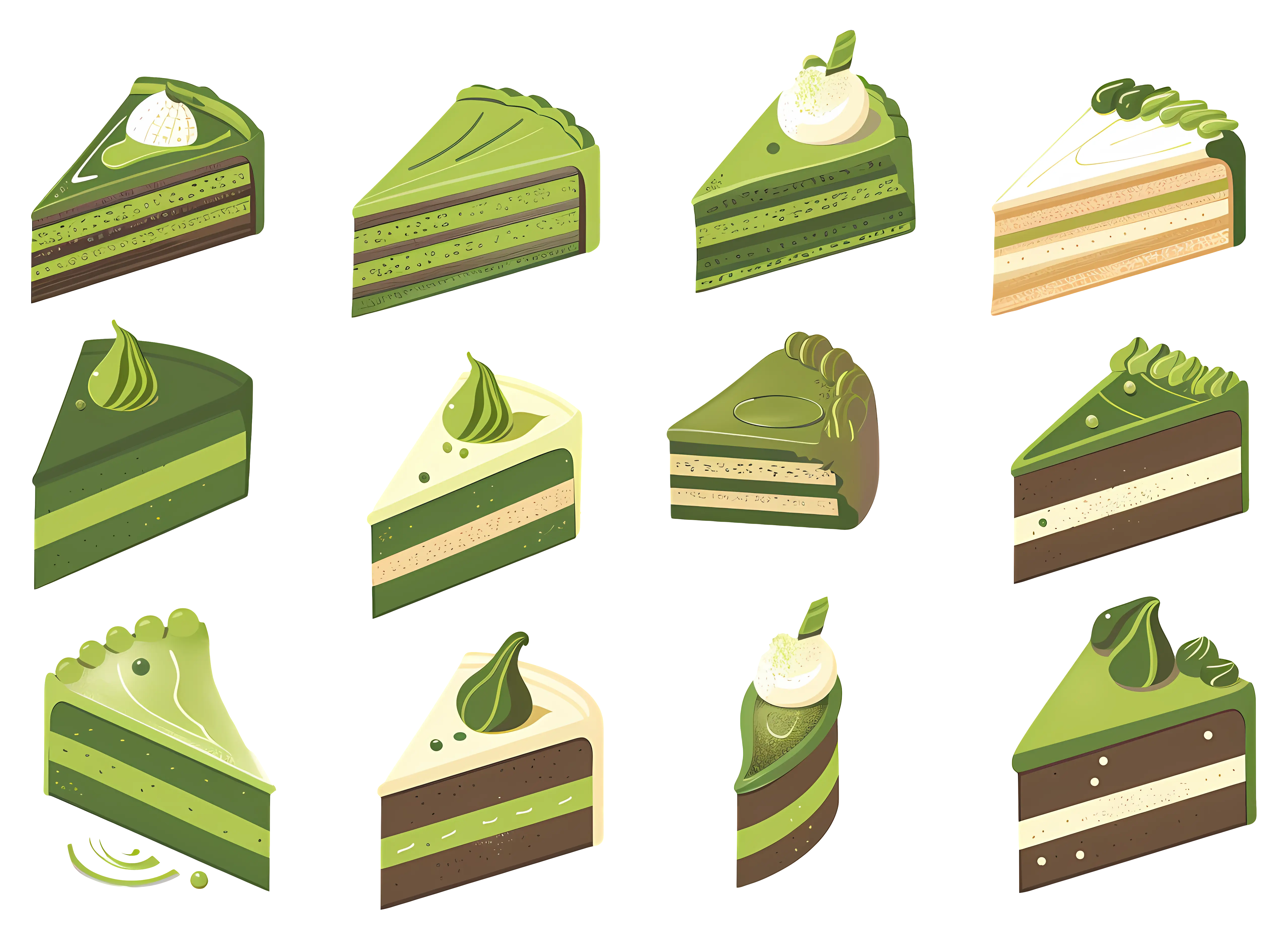 Illustrated Green Matcha Cake Slices