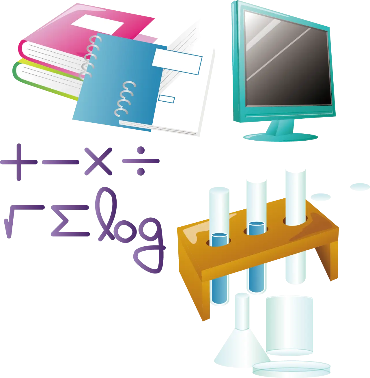 Books and Computer with Math and Science Symbols