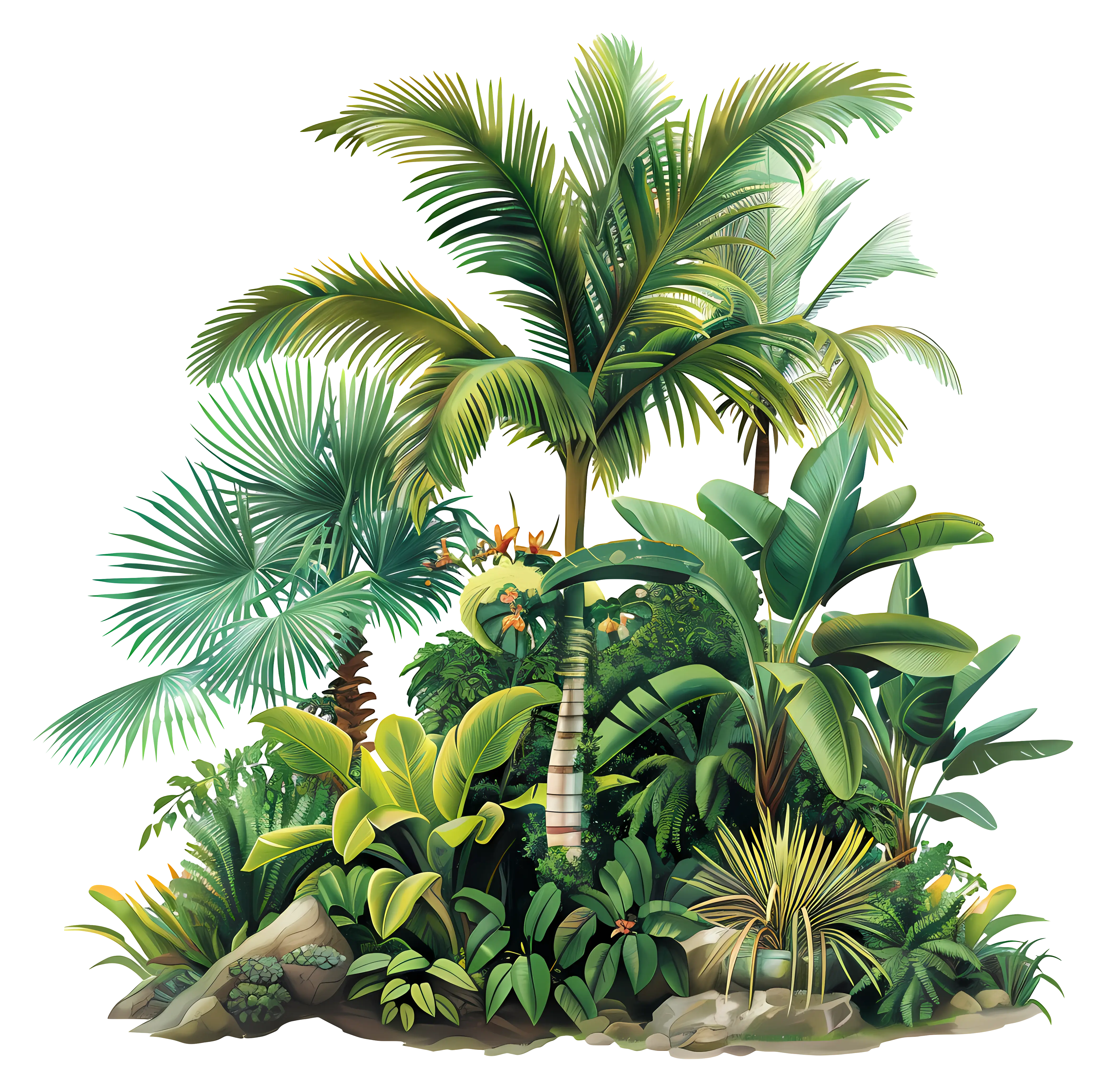 Tropical Garden with Lush Green Palm Trees
