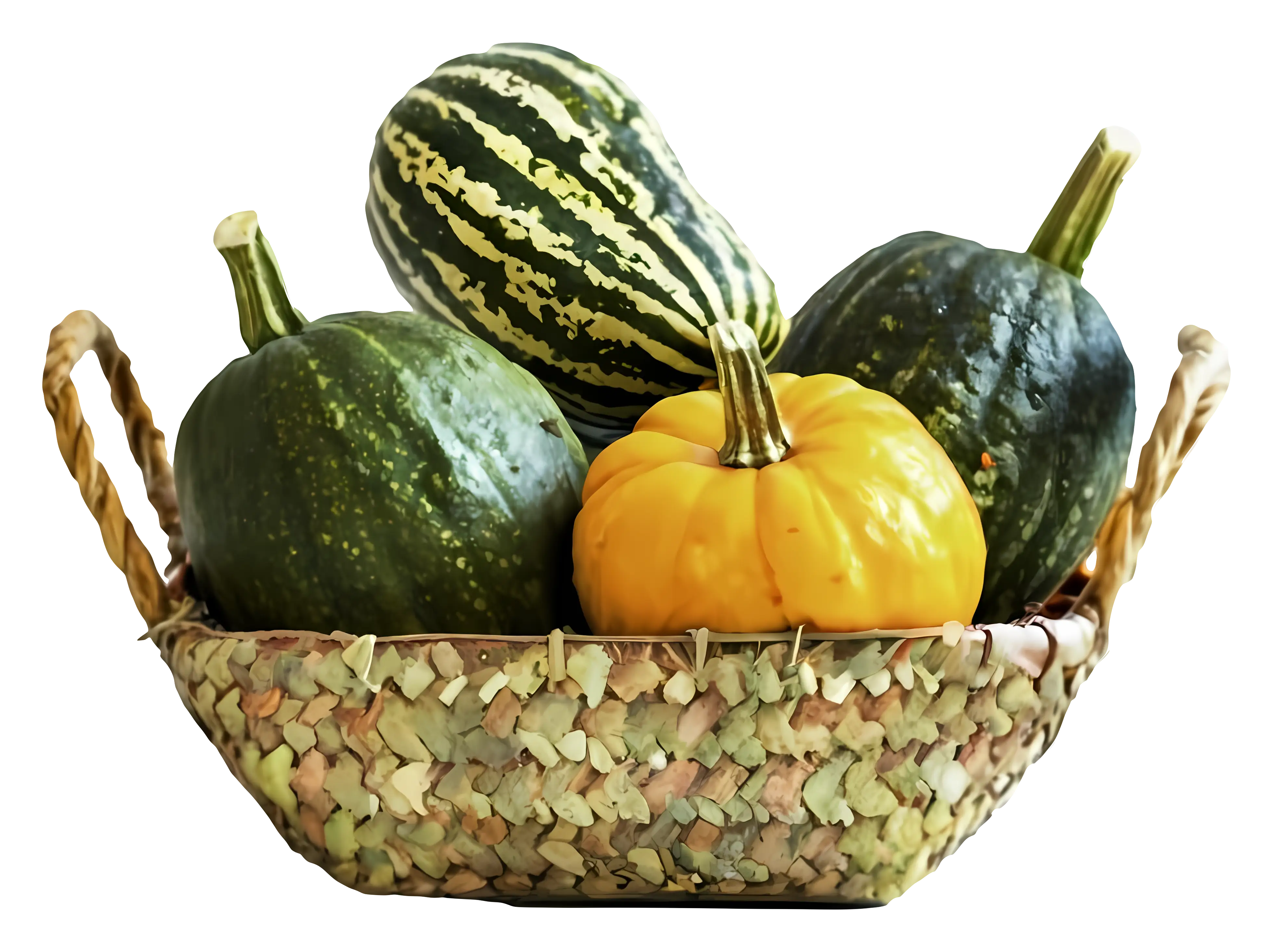 Basket of Colorful Gourds and Squash