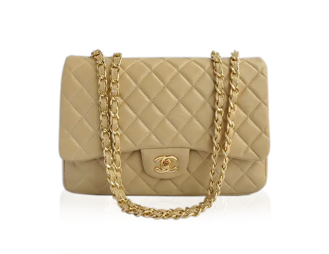 Beige Quilted Handbag with Gold Chain