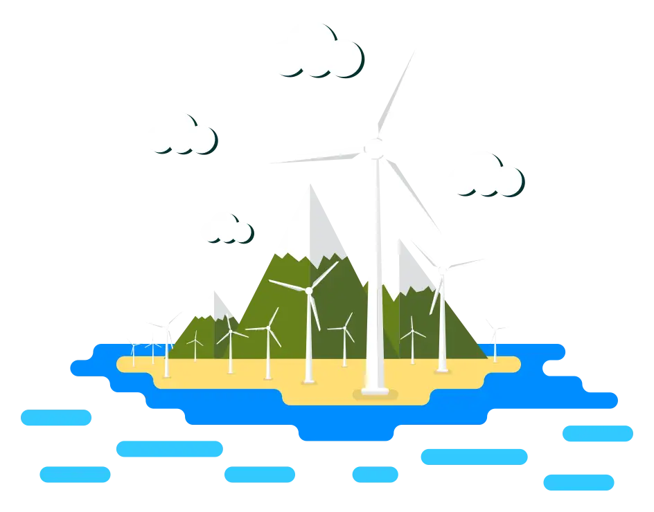 Island with Wind Turbines and Mountains