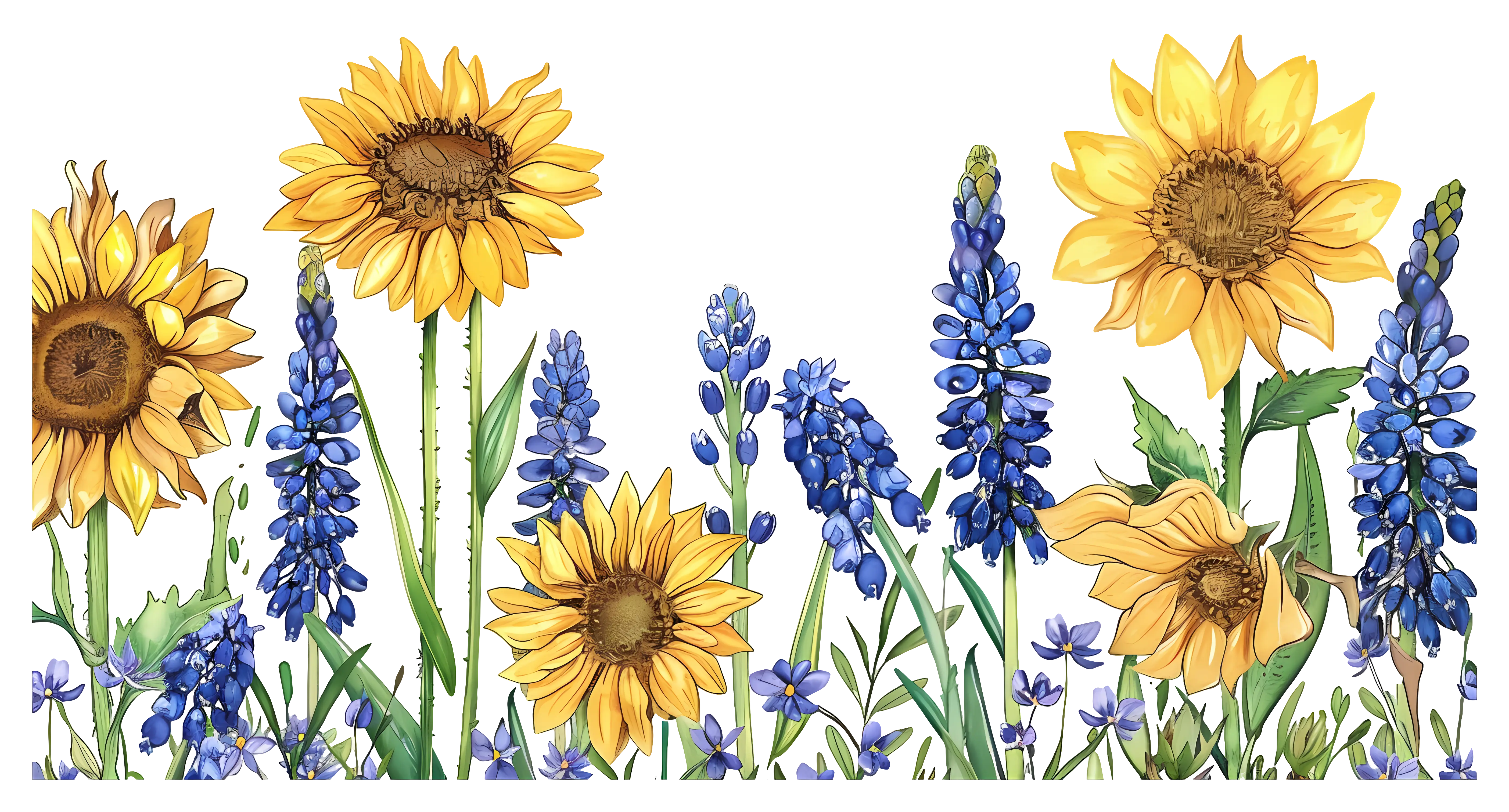 Sunflowers and Lavender Field Flowers Illustration