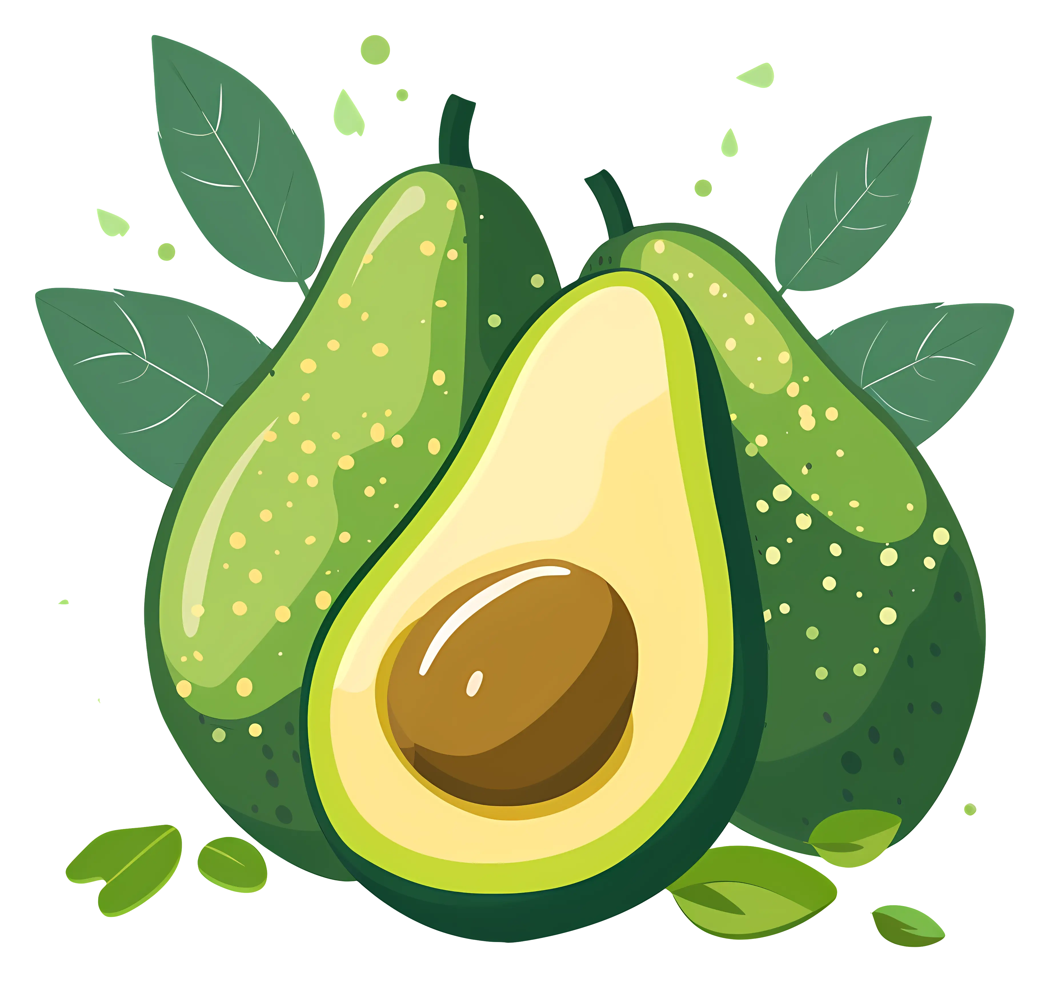 Green Avocado Illustration with Leaves