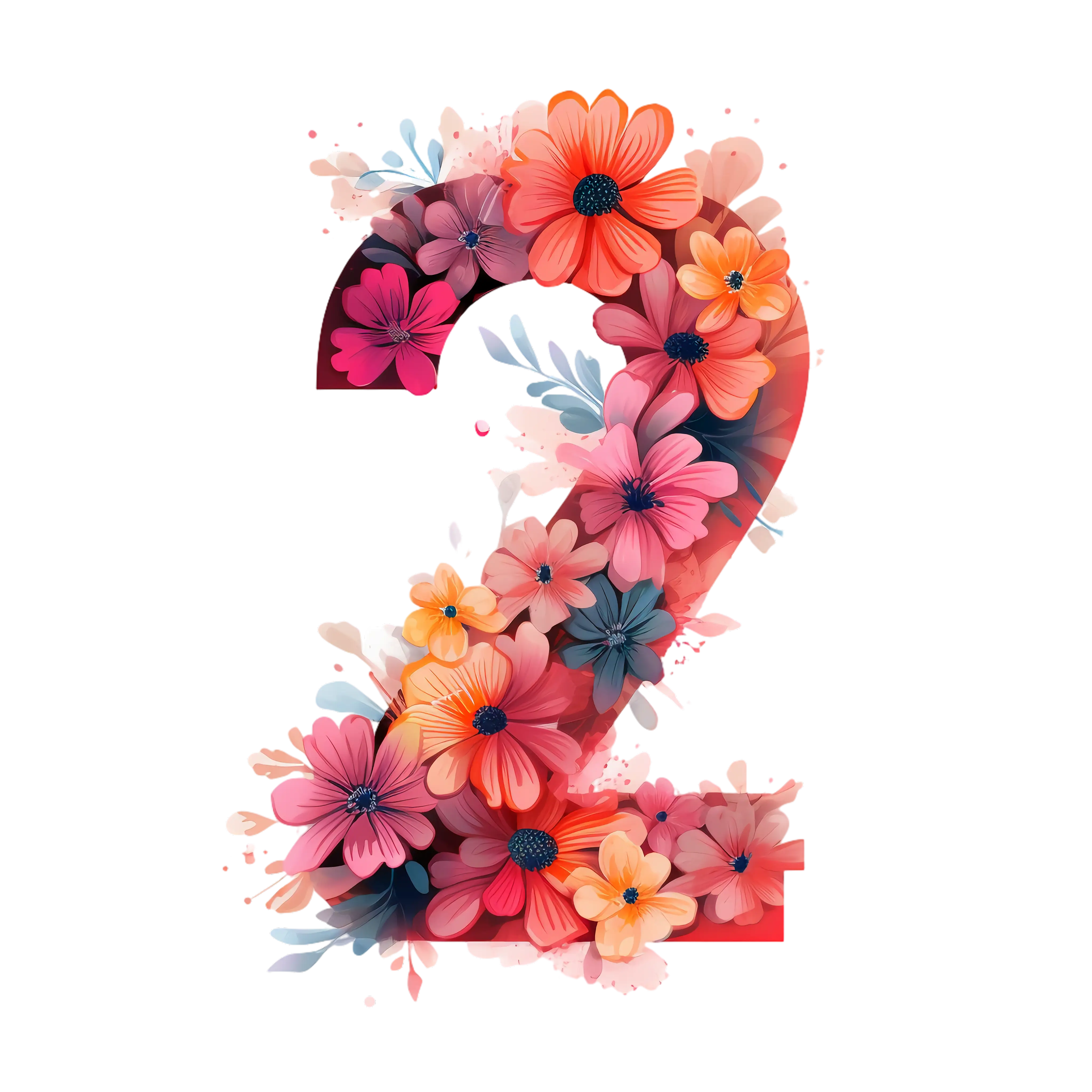 Number Two Decorated with Colorful Flowers