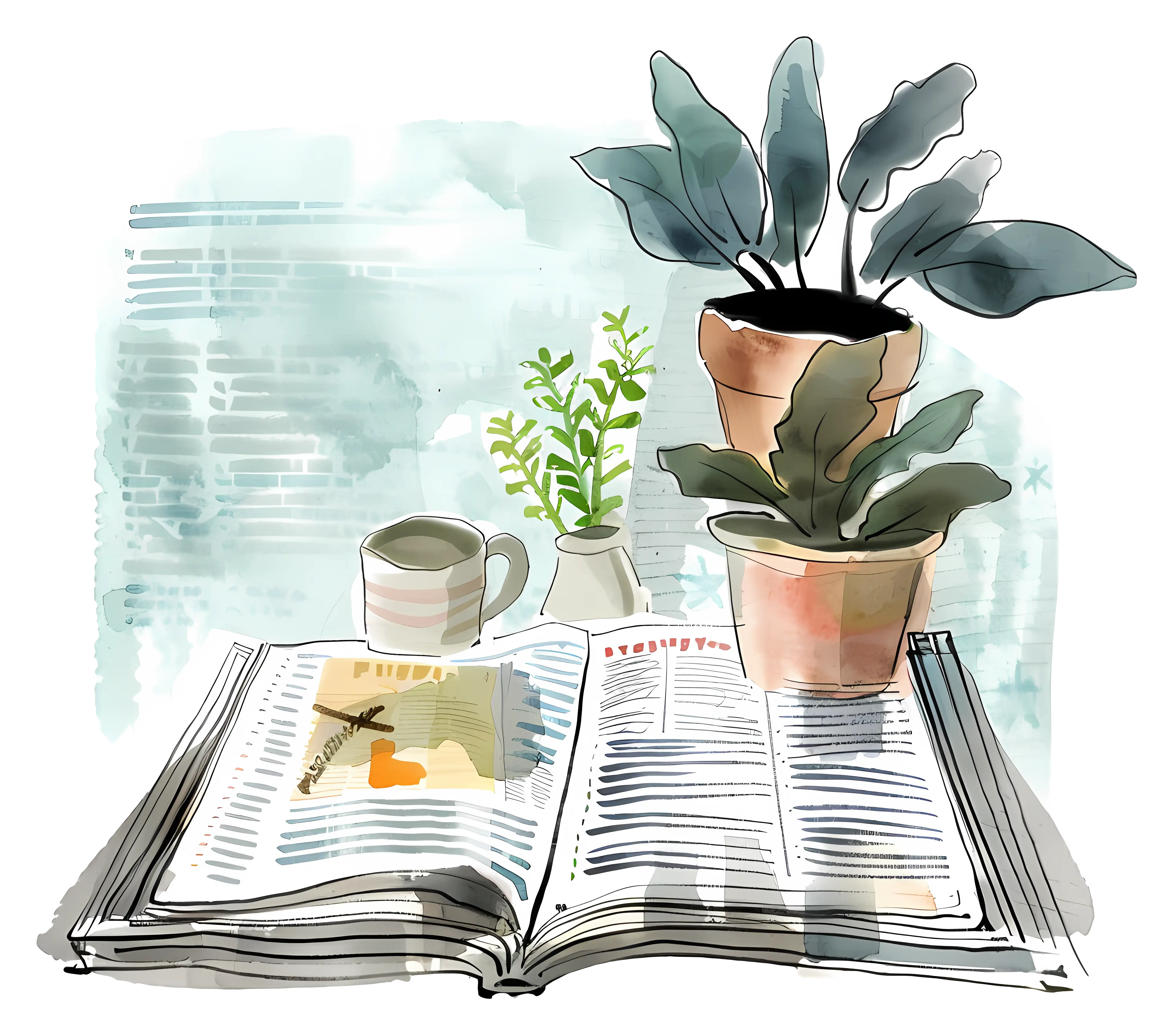 Open Book with Plants and Cup