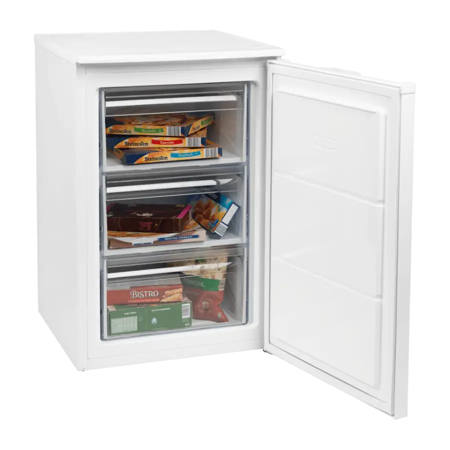 White Refrigerator with Open Door Showing Frozen Items