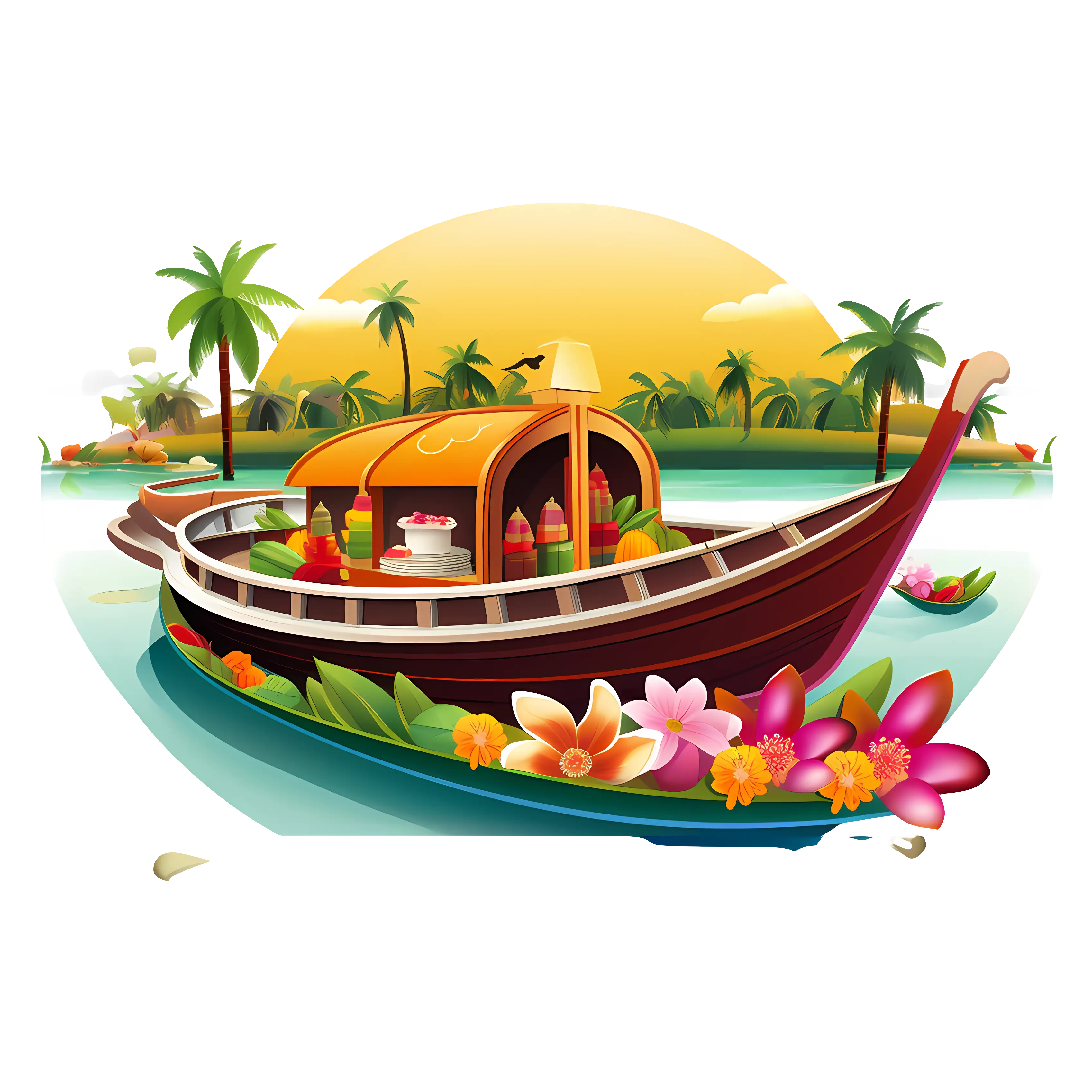 Decorative Houseboat with Flowers and Traditional Vessels