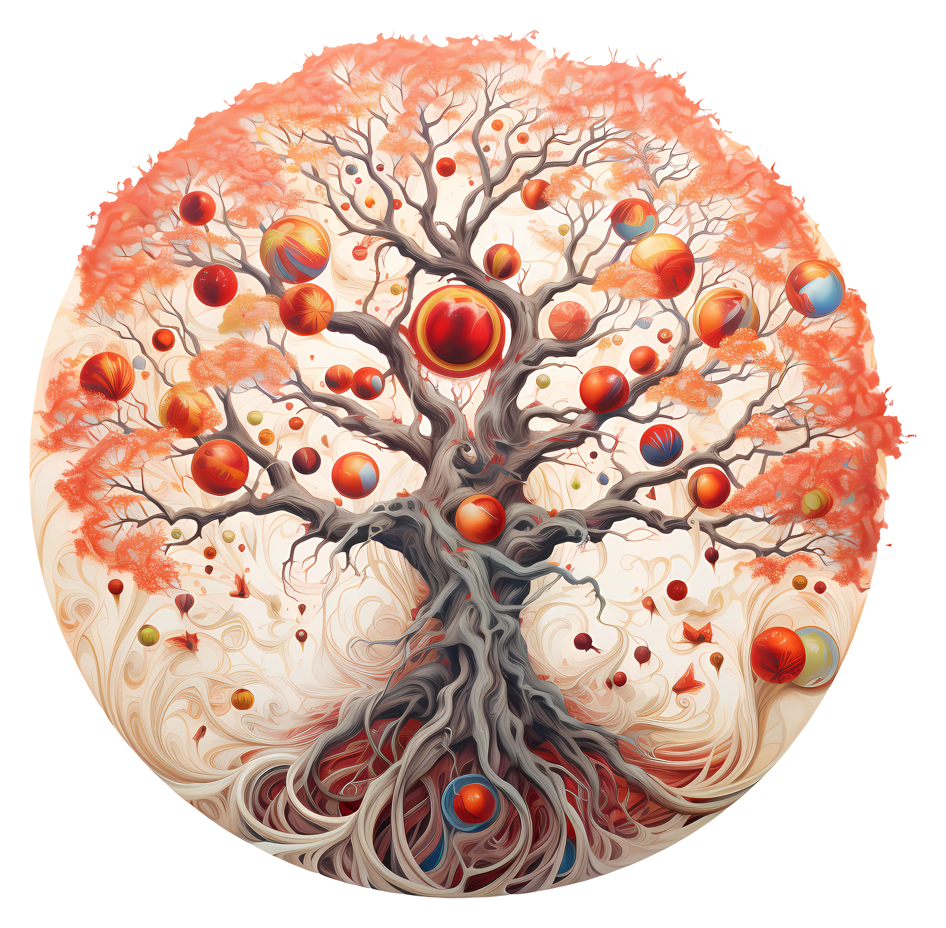 Tree with Orbs and Roots in Abstract Style