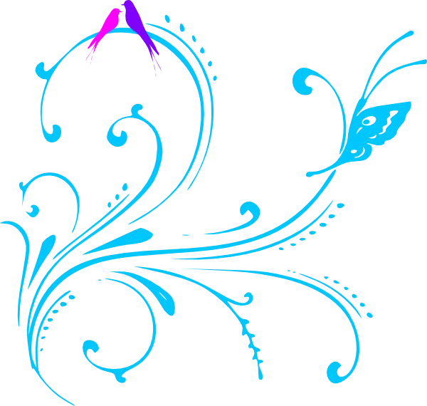 Blue Swirl with Butterfly and Bird Illustration