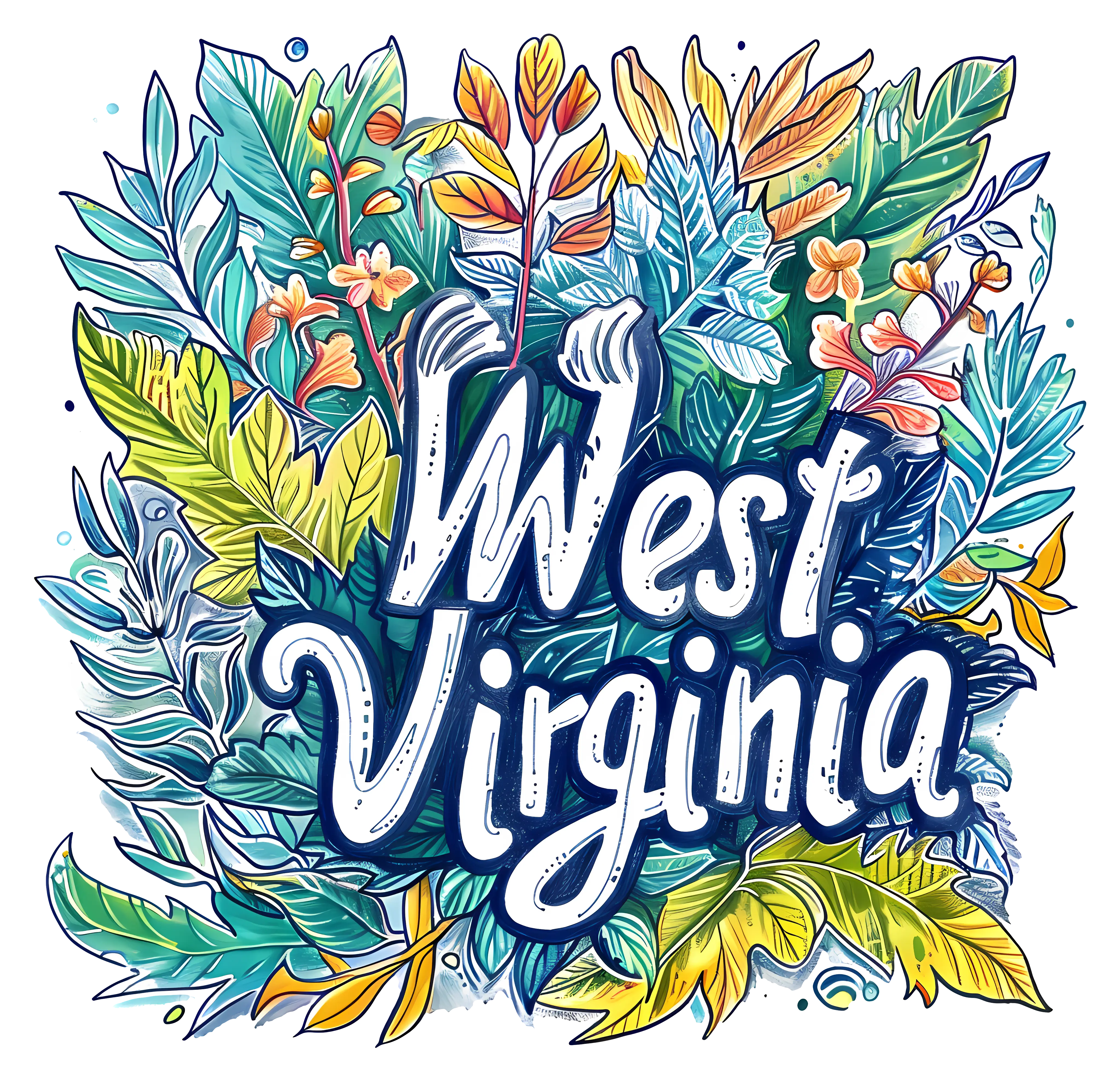 West Virginia Typography with Decorative Leaves Illustration