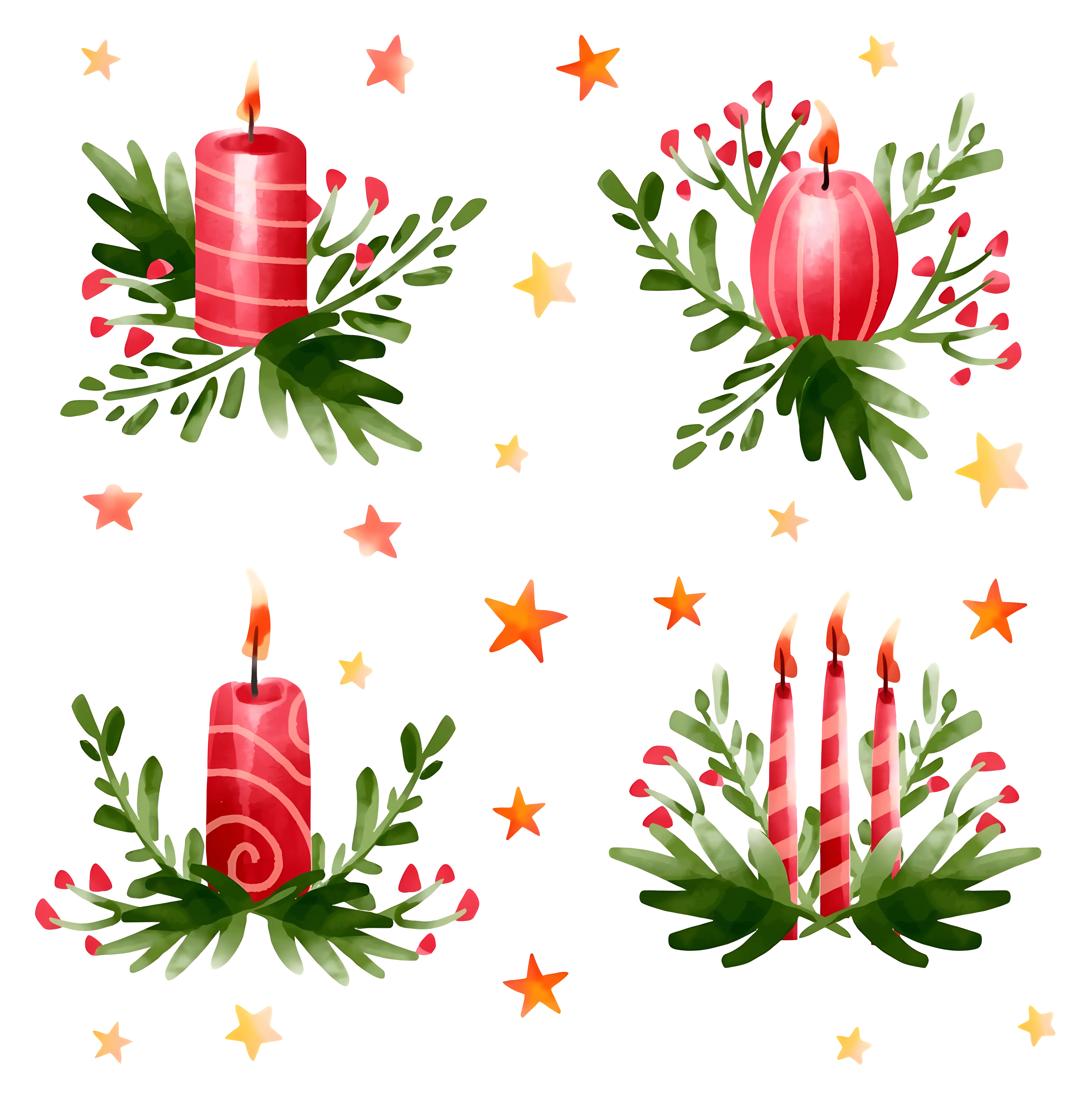 Red Candles with Greenery and Stars for Christmas