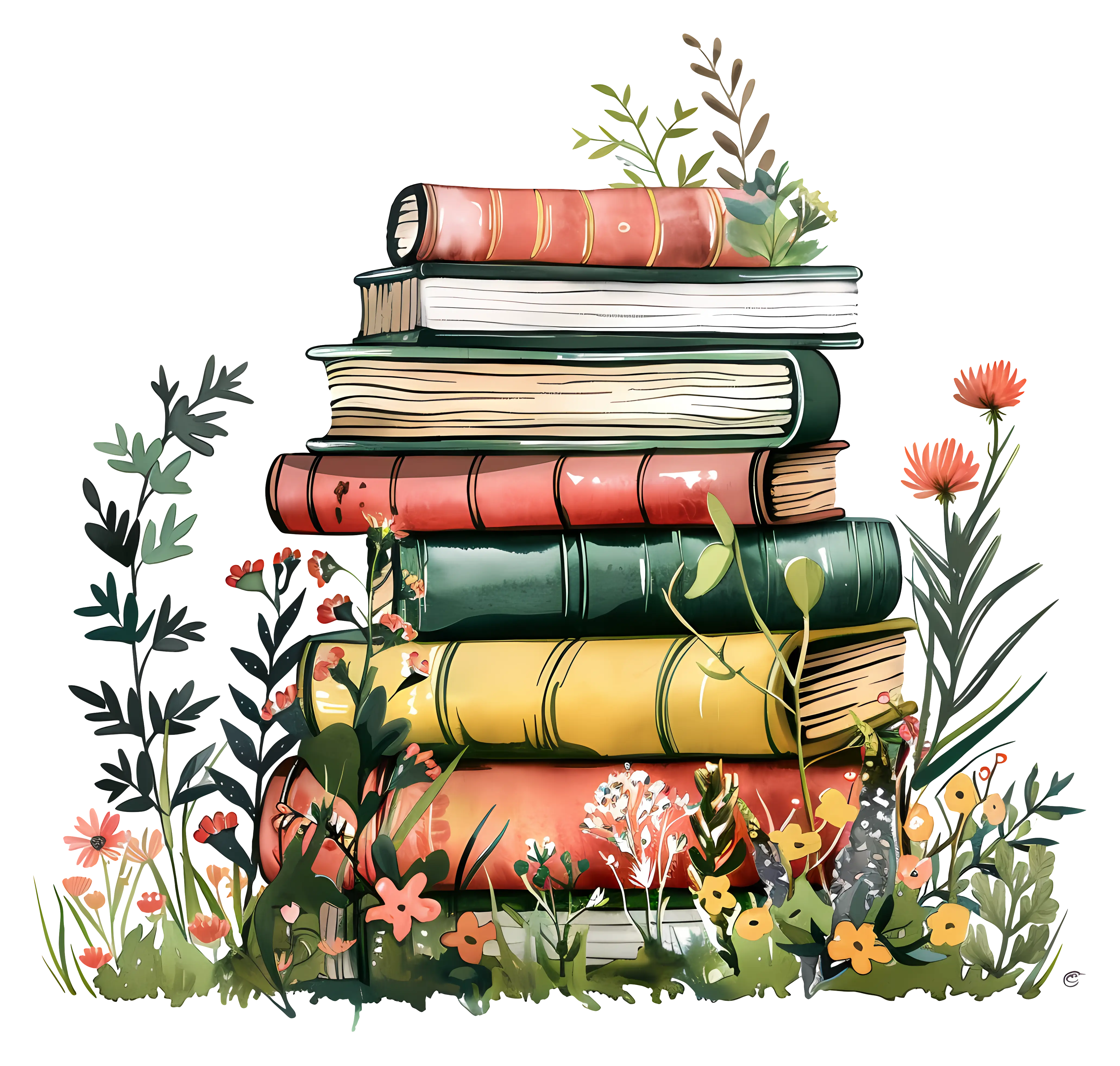 Illustrated Stack of Books with Floral Decorations