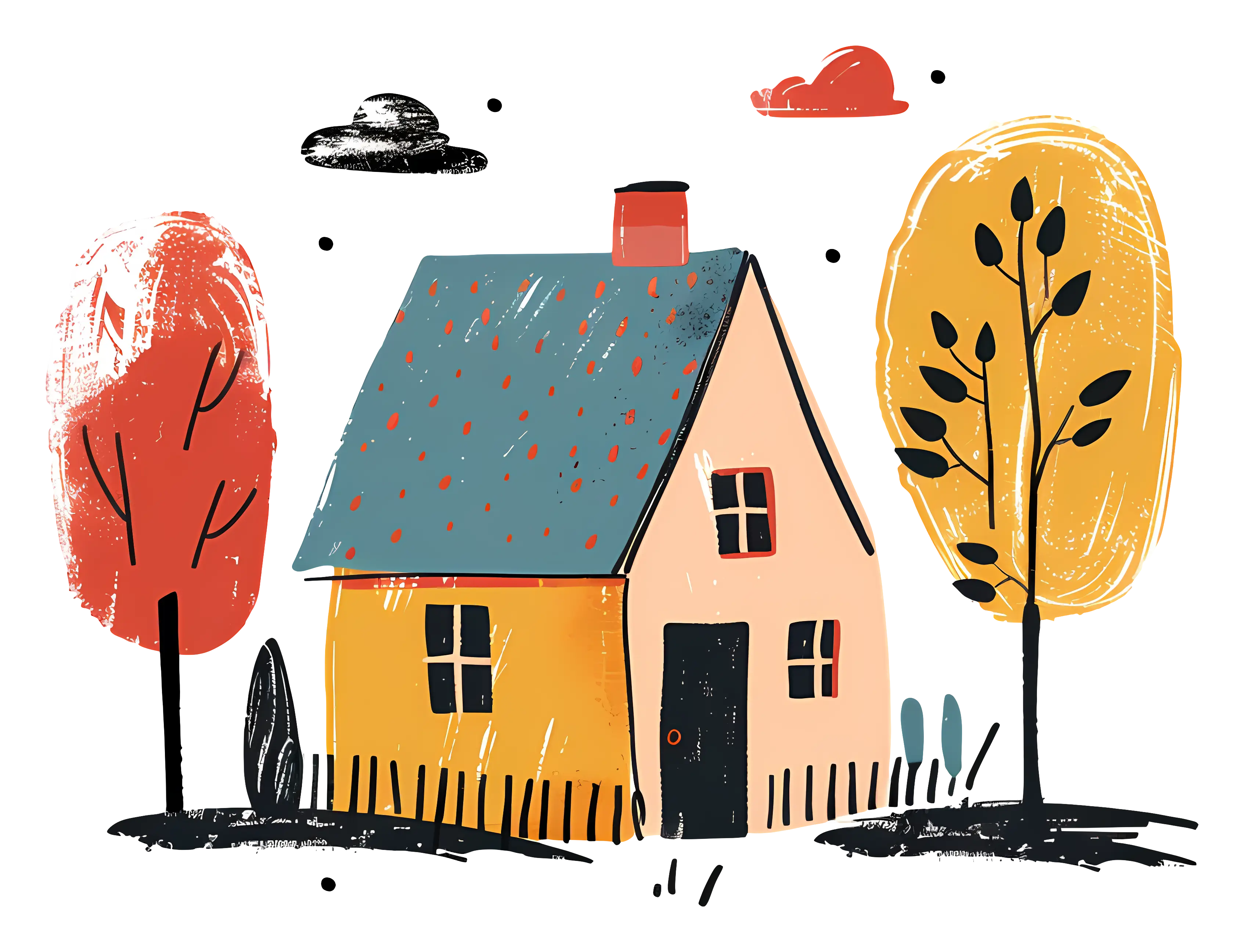 Small Cute Doodle House with Autumn Trees