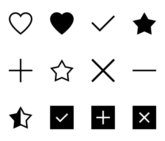 Black and White Icon Set with Hearts, Stars, and More