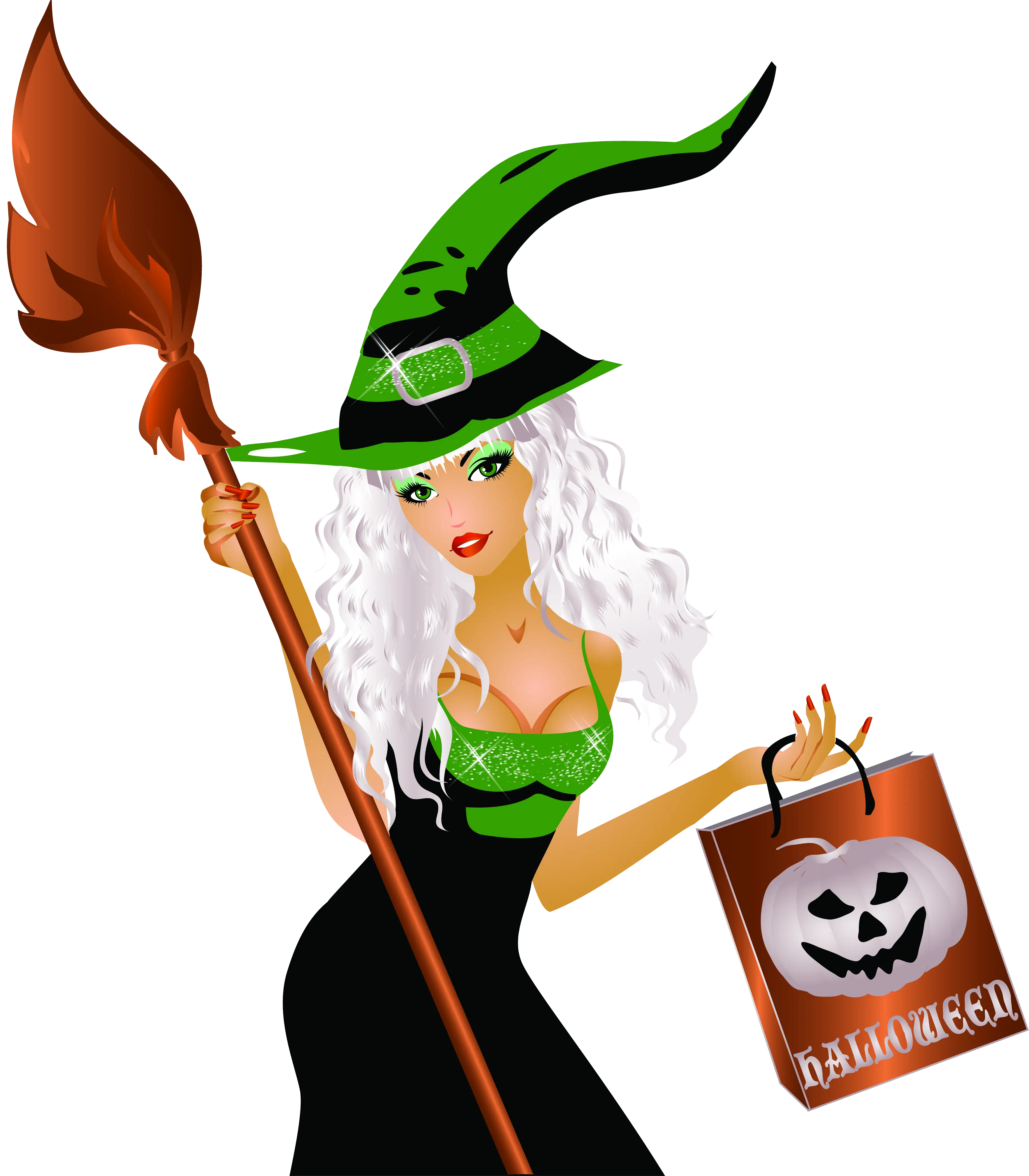 Halloween Witch with Broom and Trick-or-Treat Bag