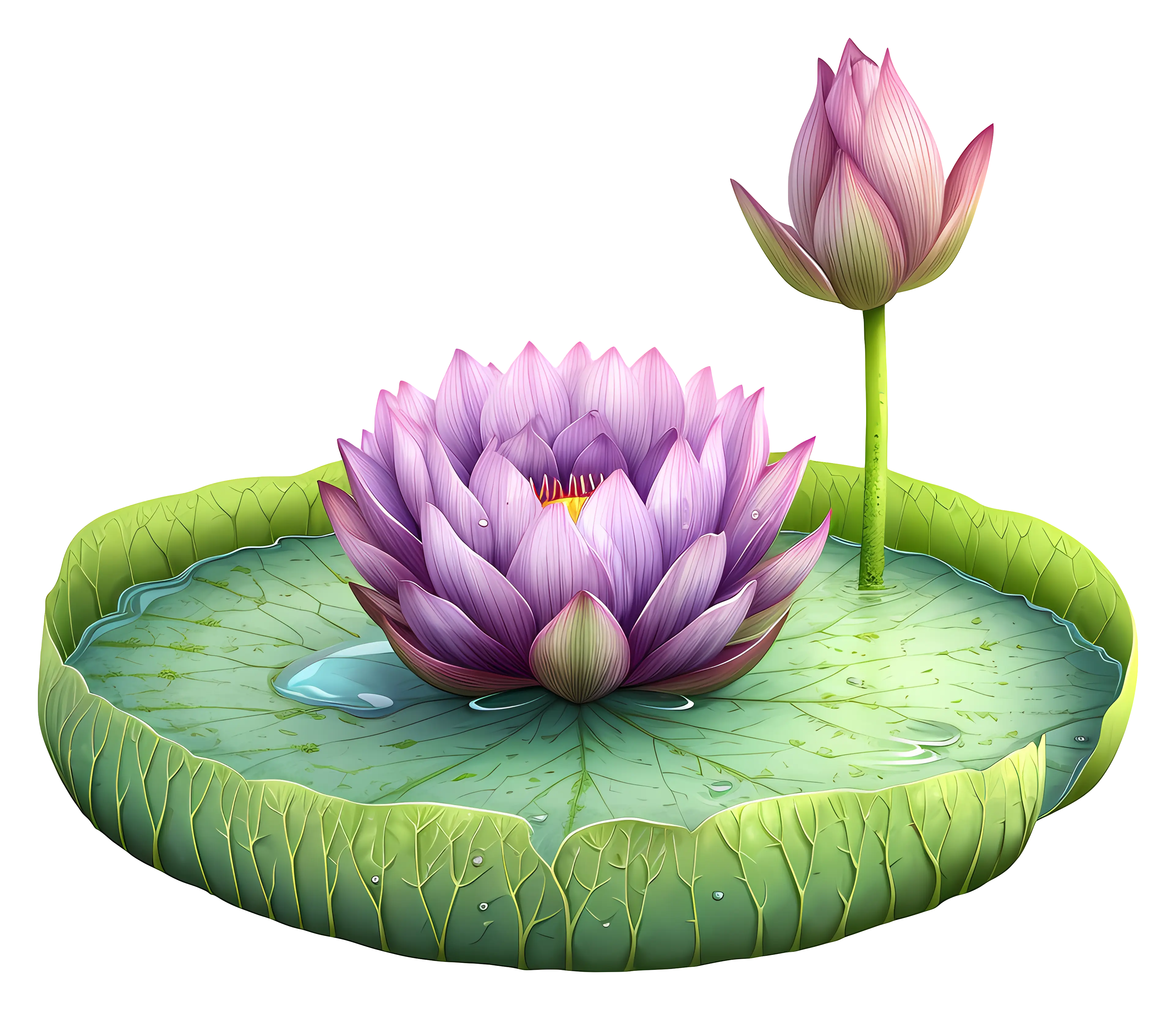 Purple Lotus on Green Leaf Pad Illustration