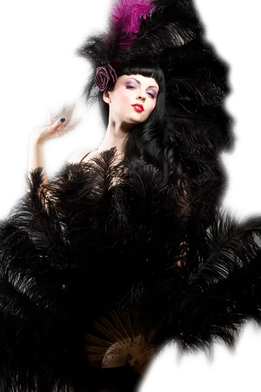 Woman in Feathered Costume Ensemble