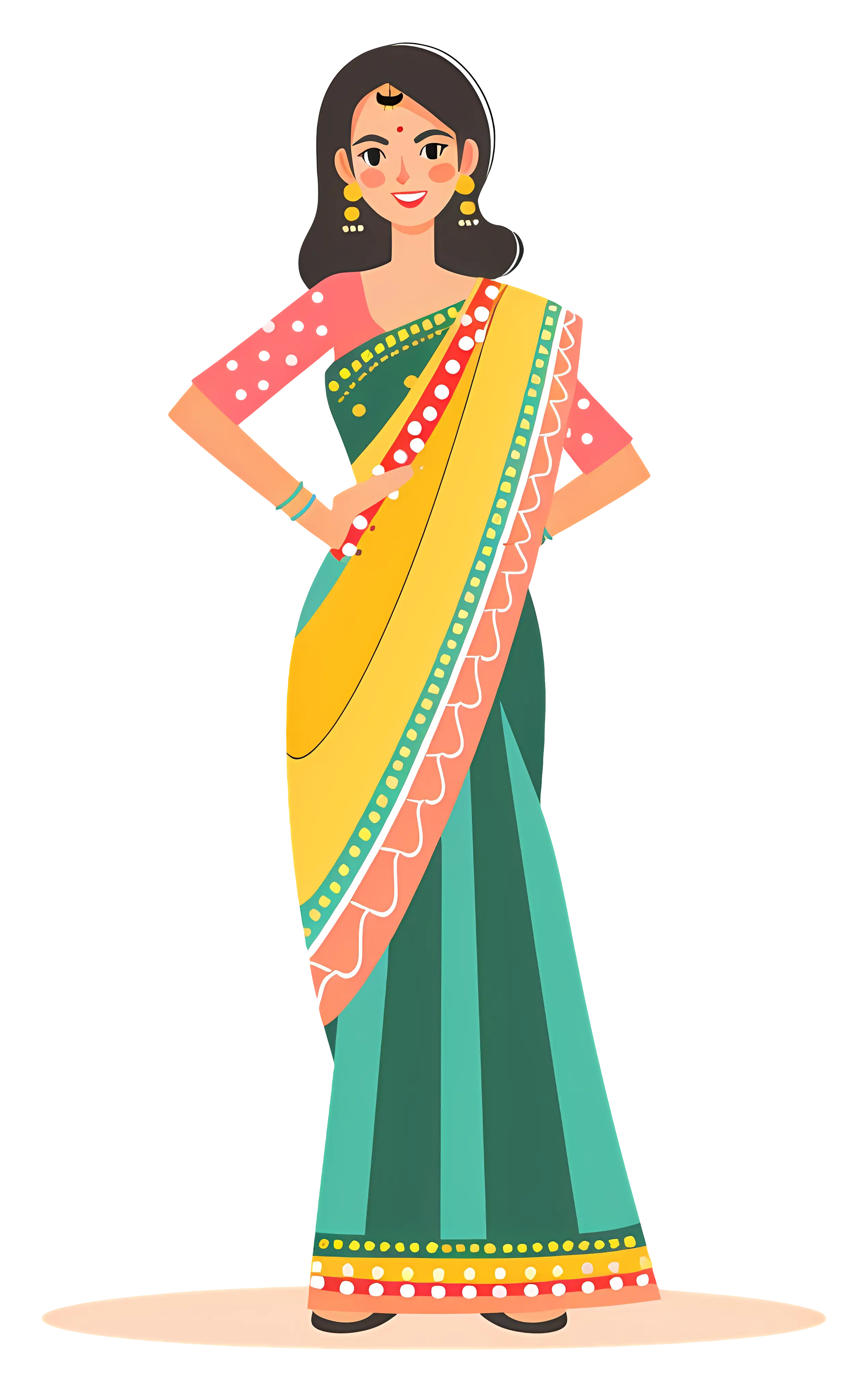 Illustration of Woman in Yellow and Teal Saree