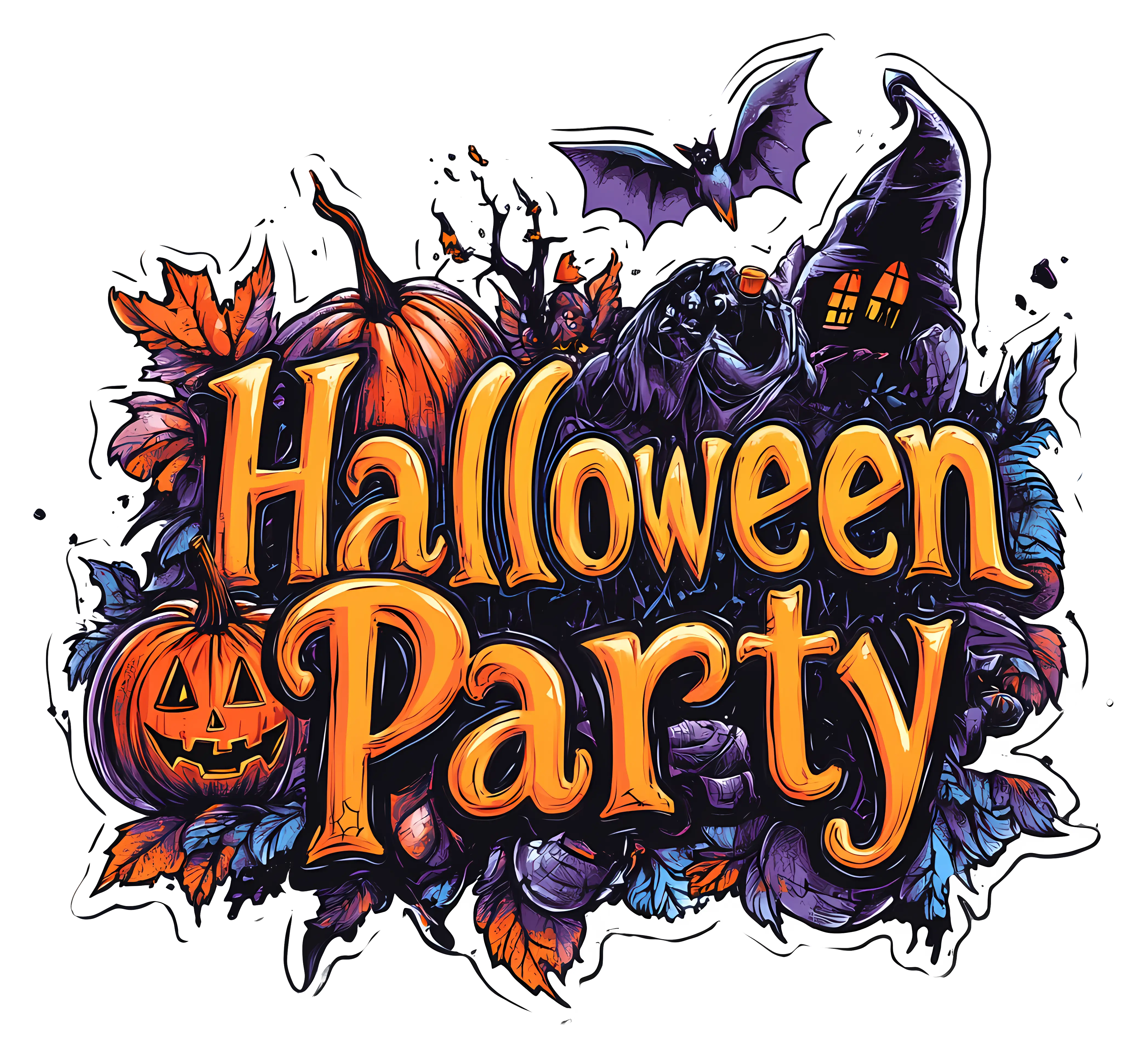Halloween Party Illustration with Pumpkins and Spooky Elements
