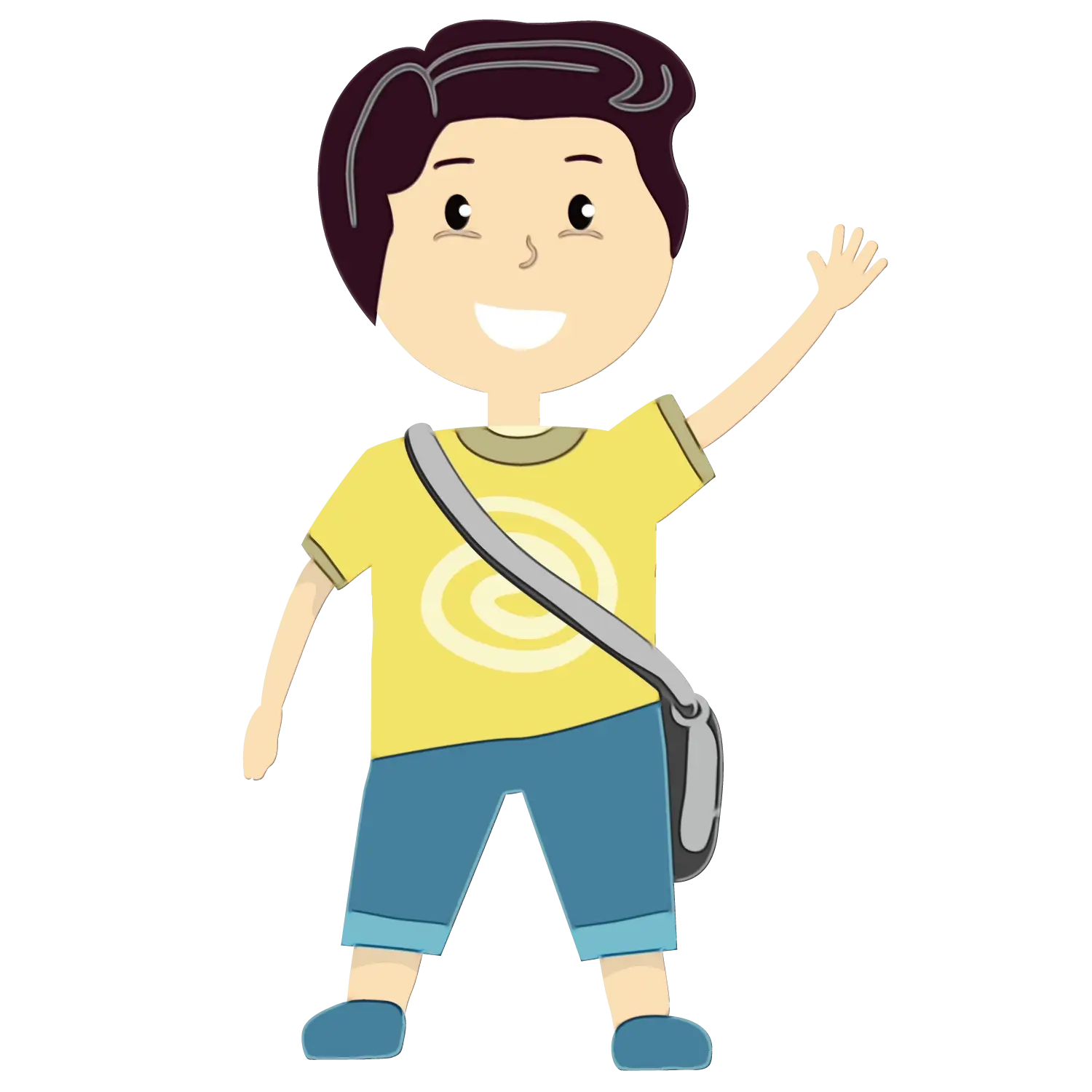 Friendly Cartoon Boy Waving with a Bag