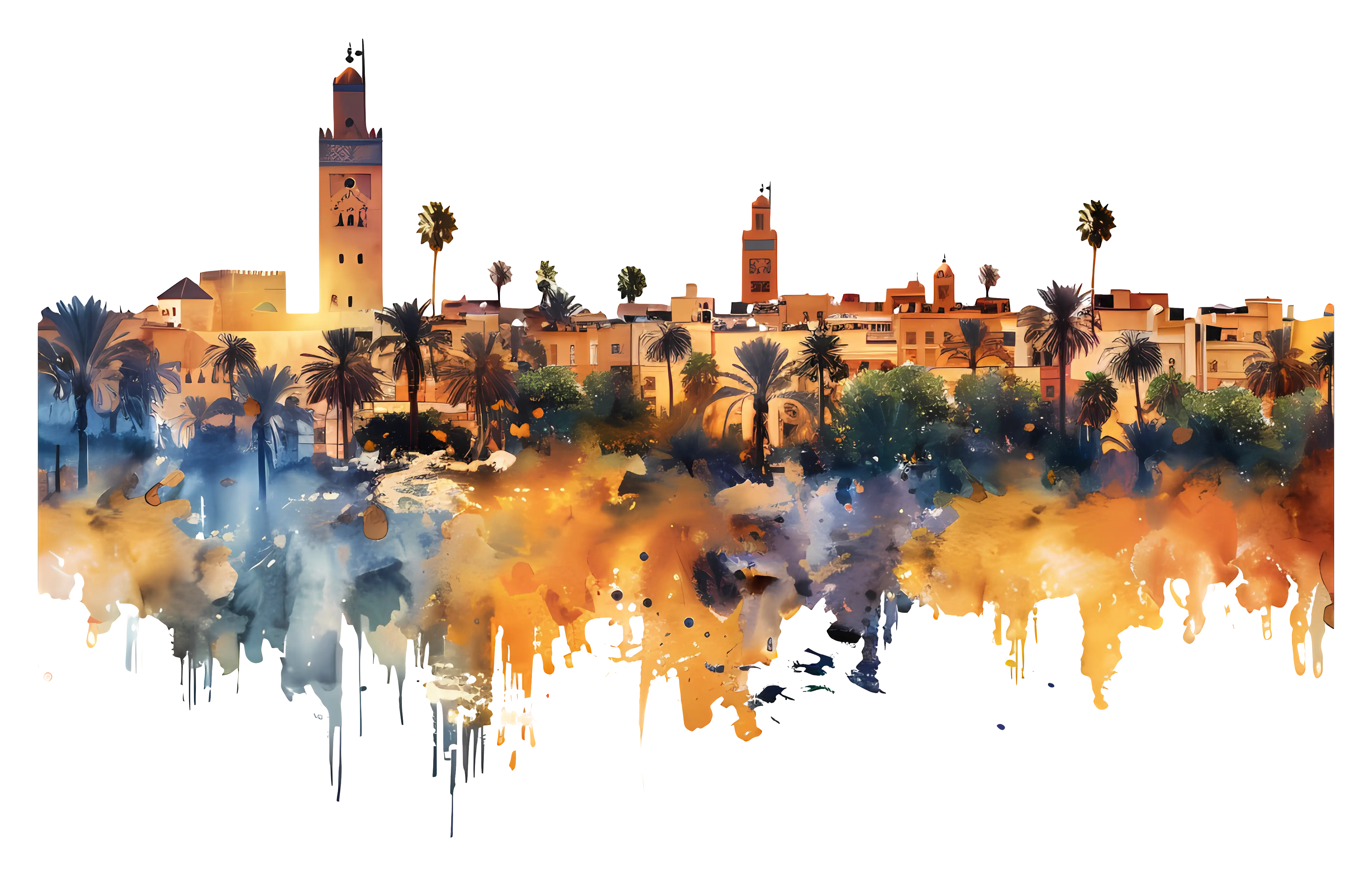 Watercolor Illustration of Scenic City Skyline