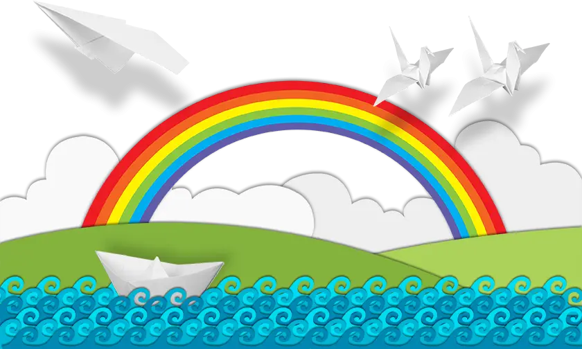 Colorful Rainbow with Paper Boat and Origami Birds