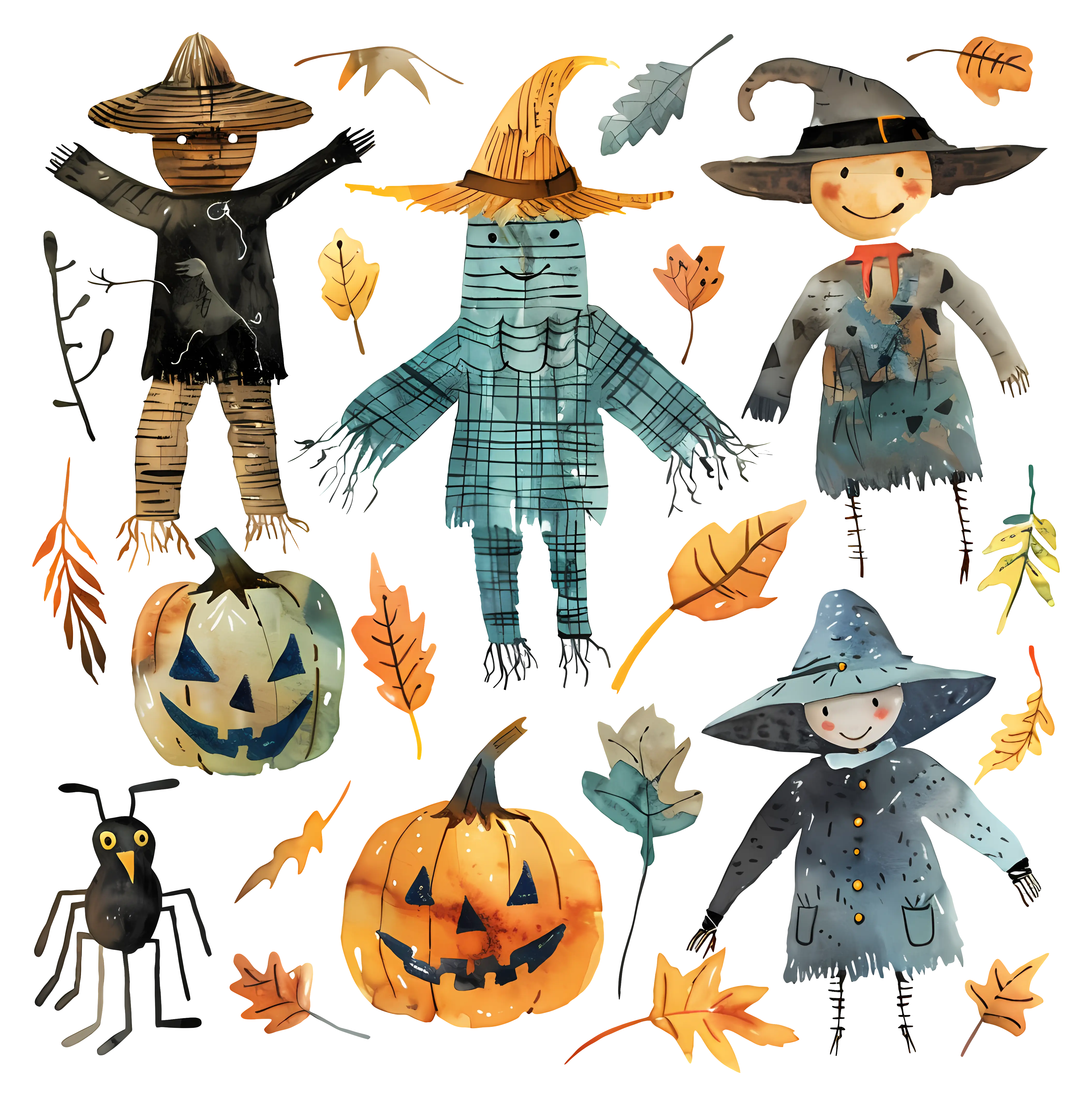 Halloween Scarecrows and Pumpkin Decor Illustration