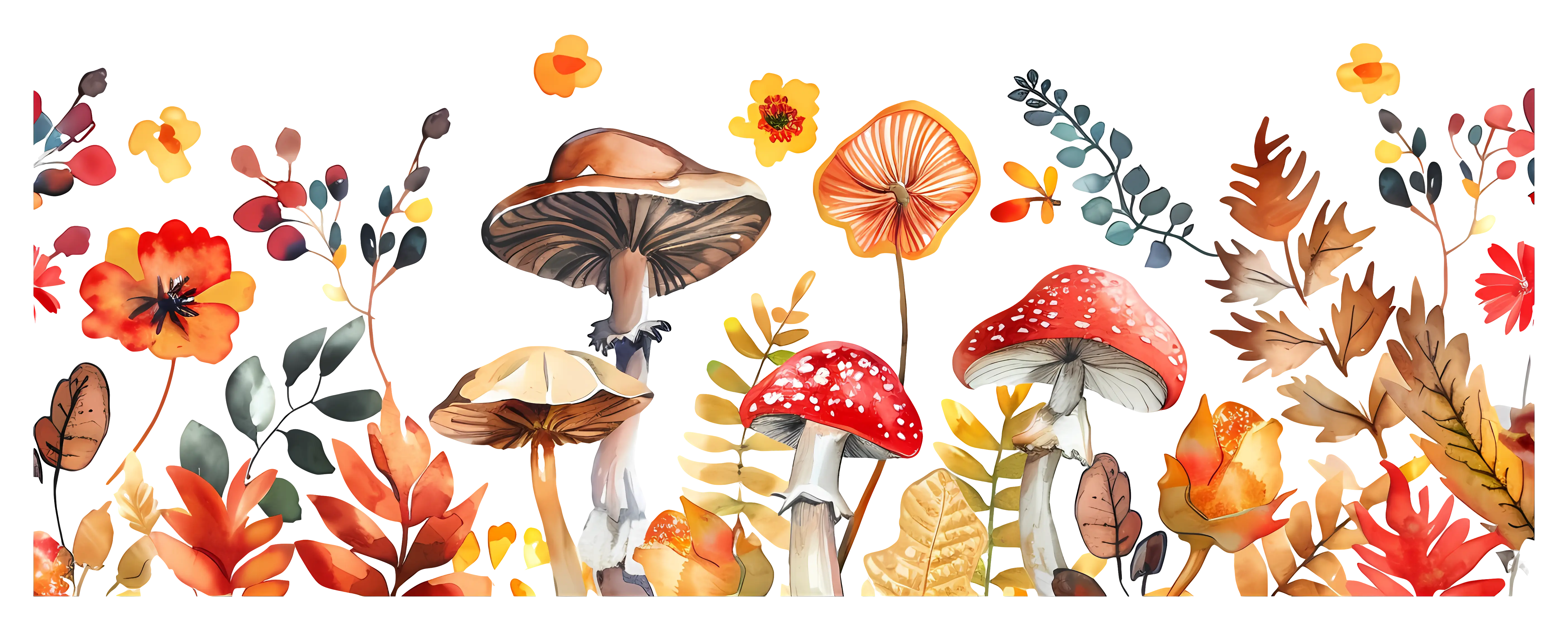 Beautiful Autumn Mushrooms and Leaves Illustration