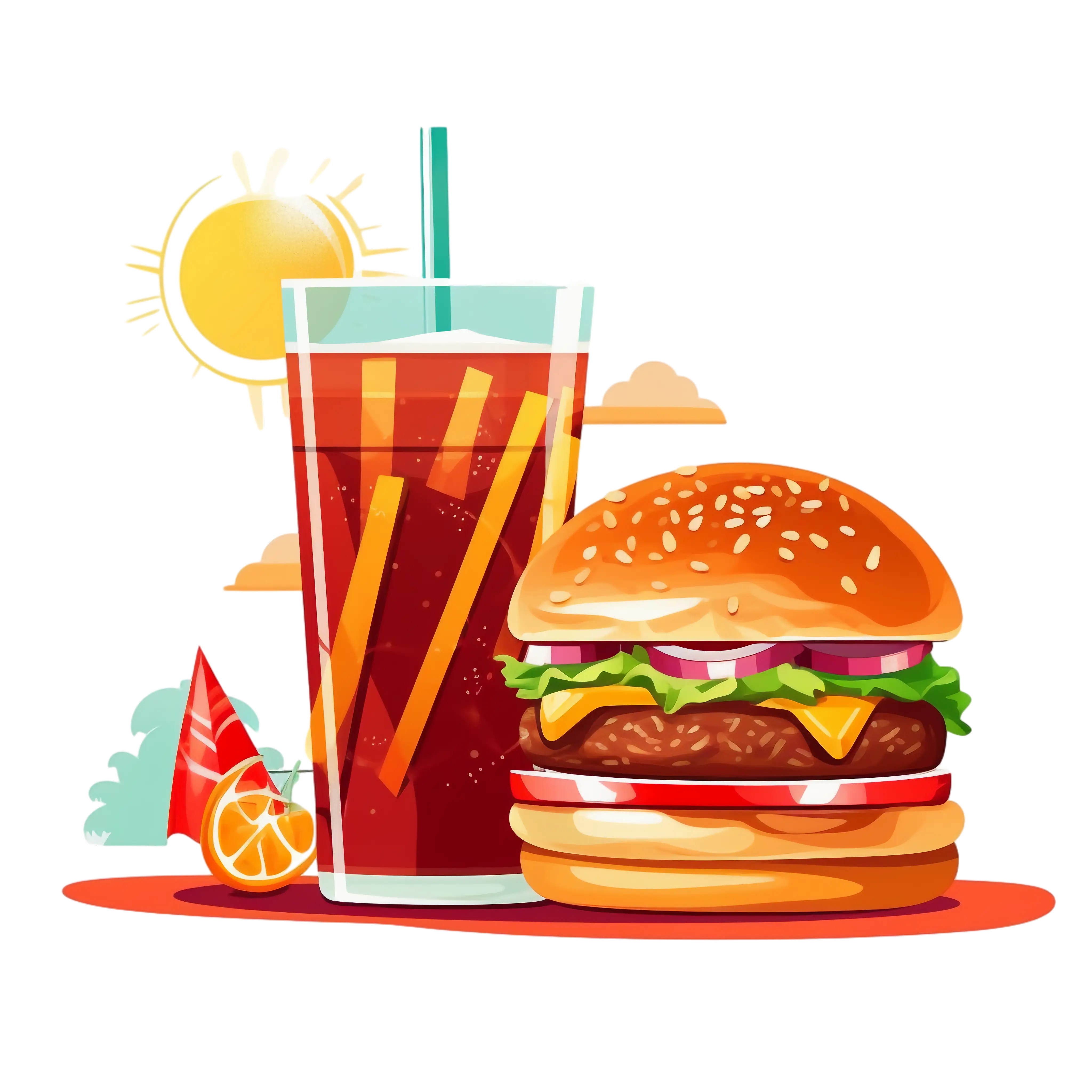 Burger and Iced Drink in a Sunny Setting