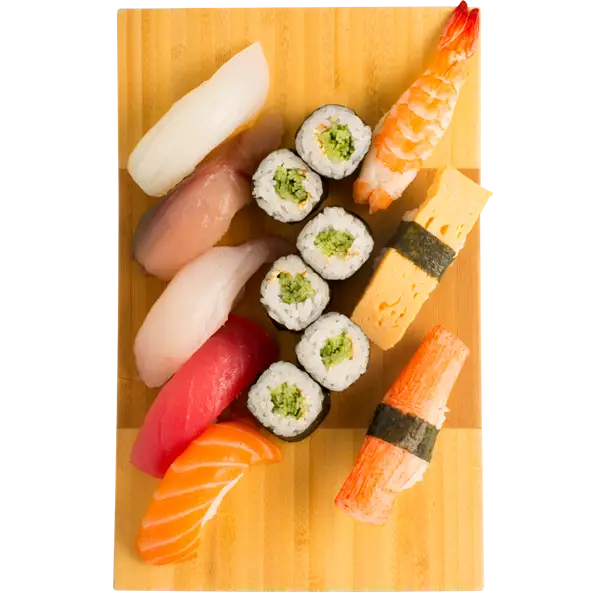 Assorted Sushi Platter on Wooden Board