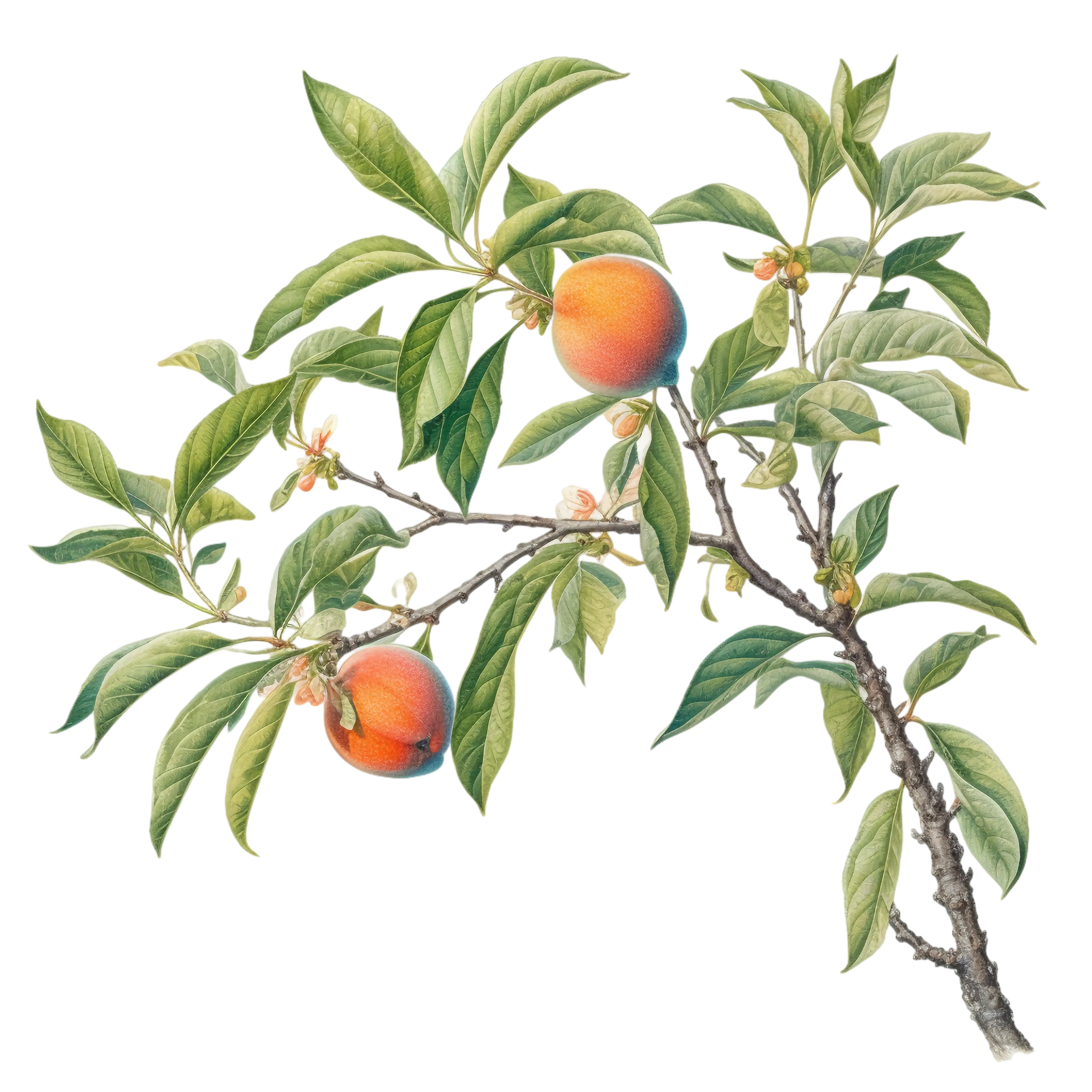 Peach Tree Branch with Fruits and Leaves