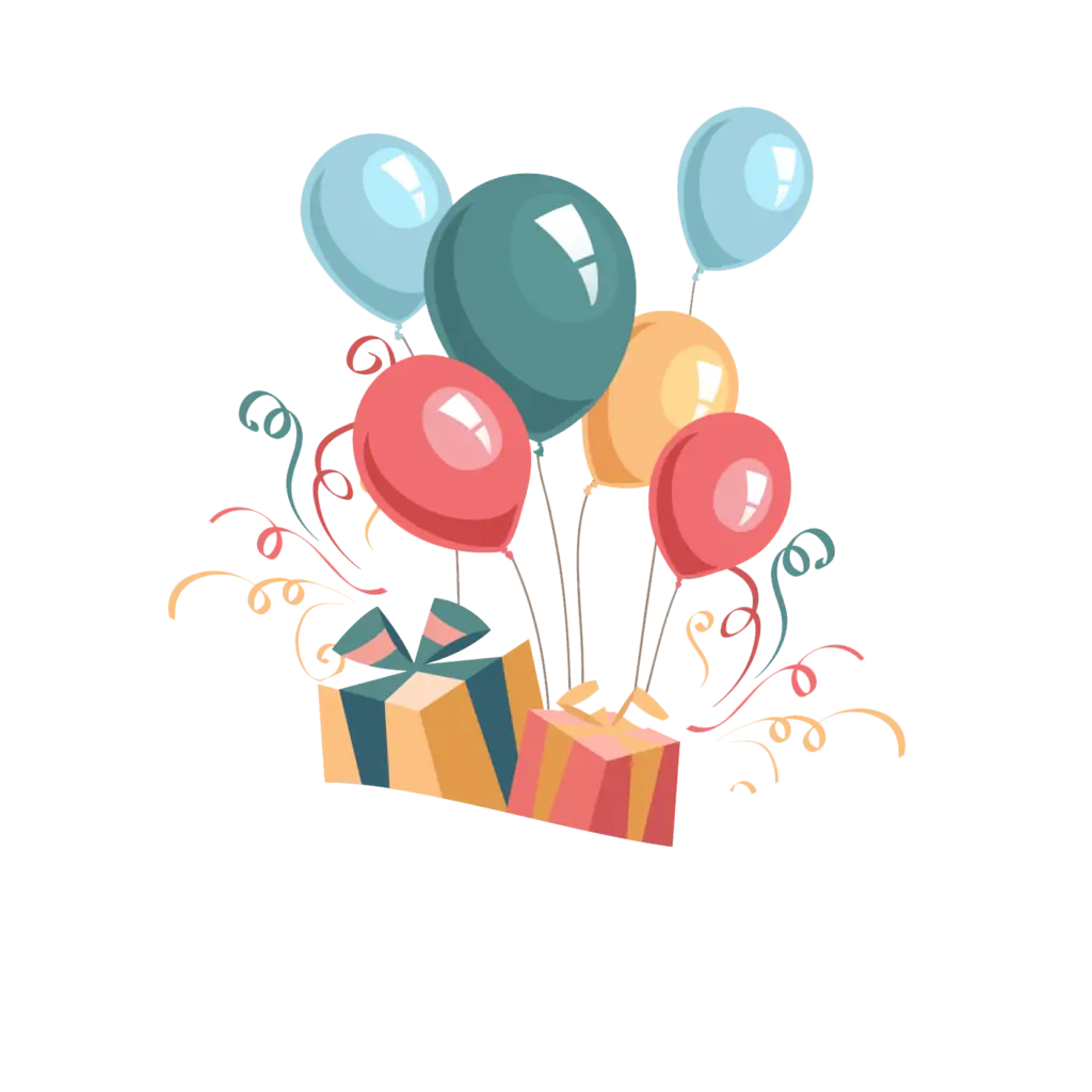 Cheerful Balloons and Gift with Ribbons
