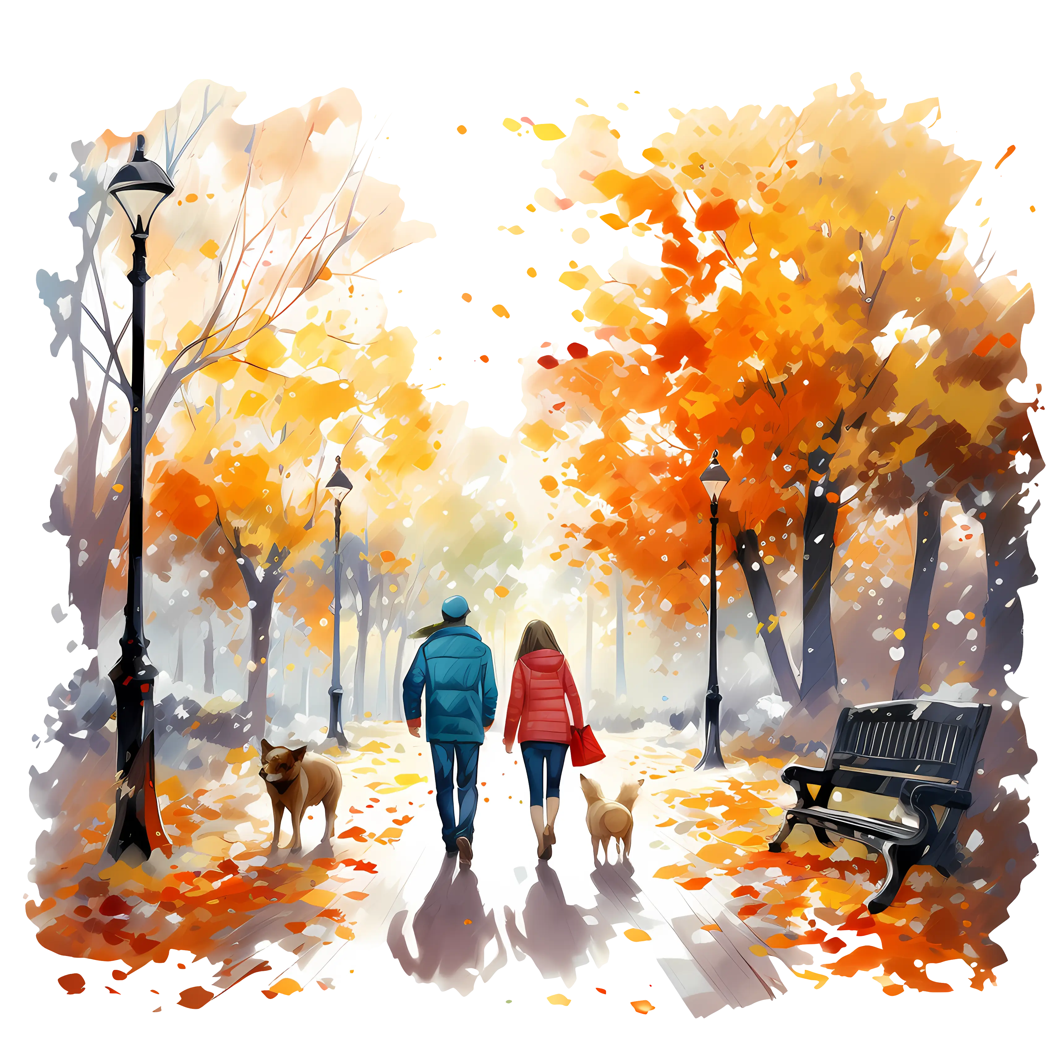 Couple Walking Dogs in Autumn Park
