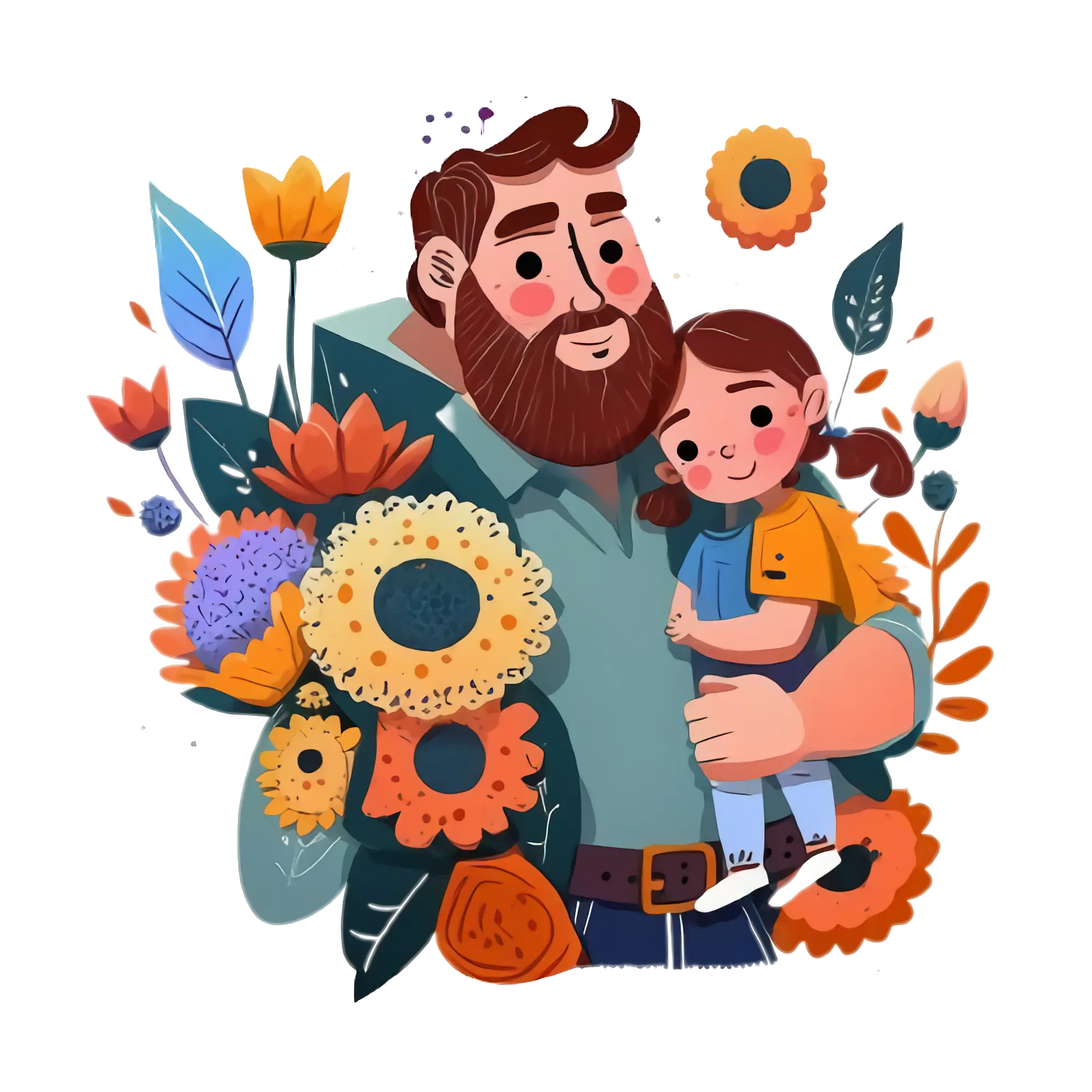 Father and Daughter Surrounded by Flowers Illustration