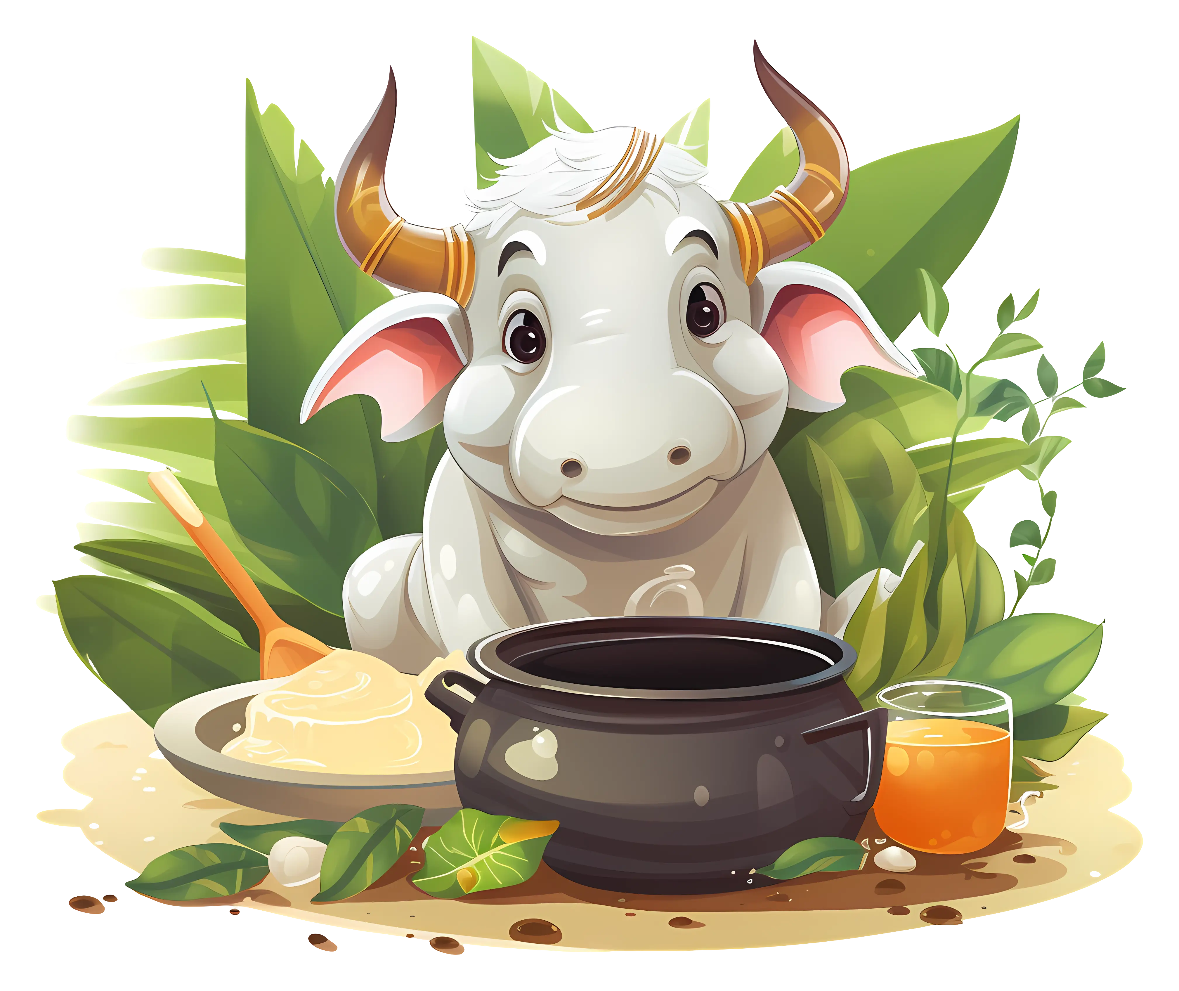 Cute Cartoon Cow with Pot and Juice