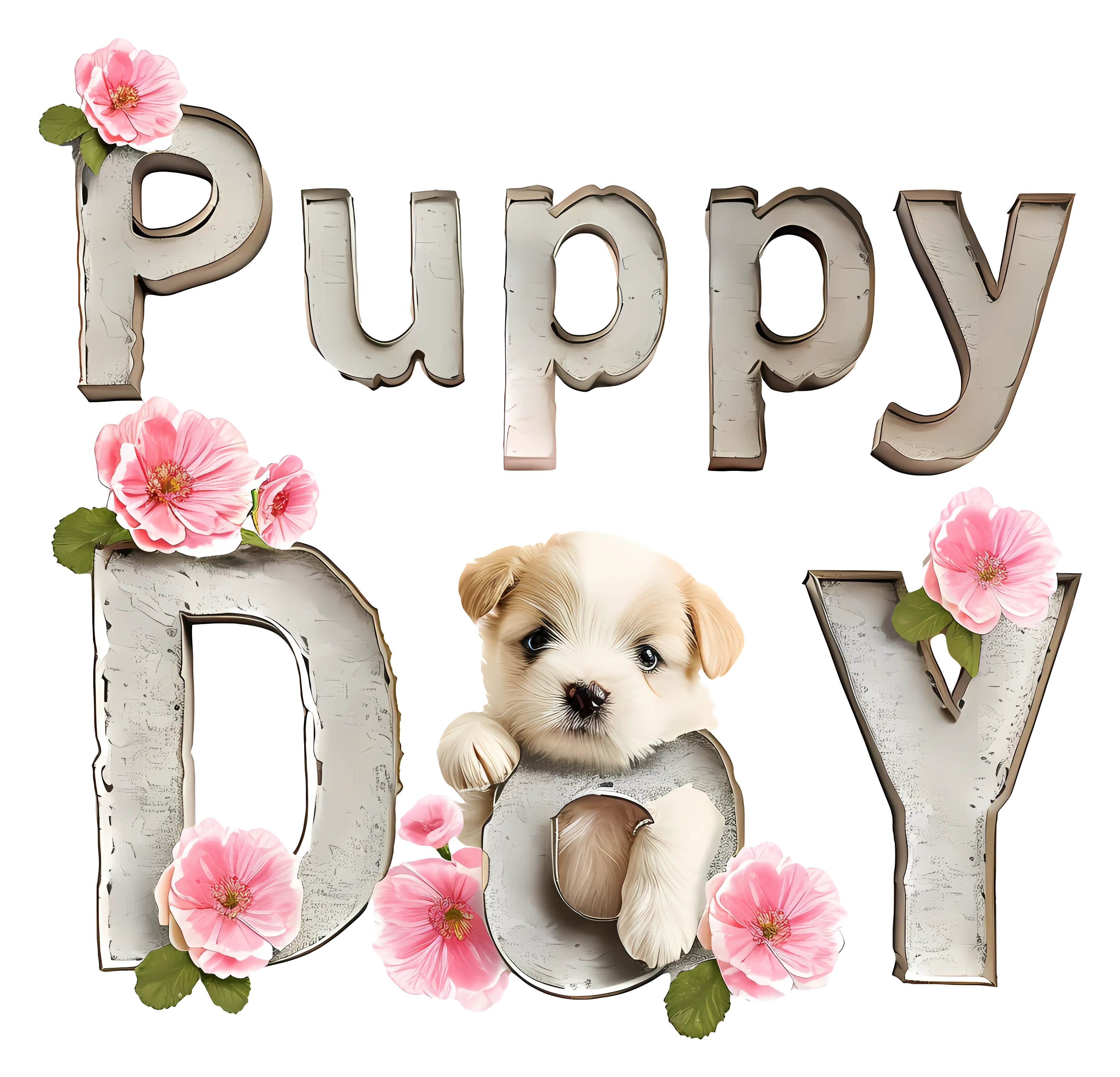 Puppy Day with Cute Puppy and Flowers