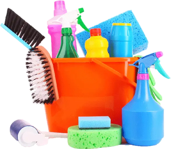 Cleaning Supplies in Bright Orange Bucket