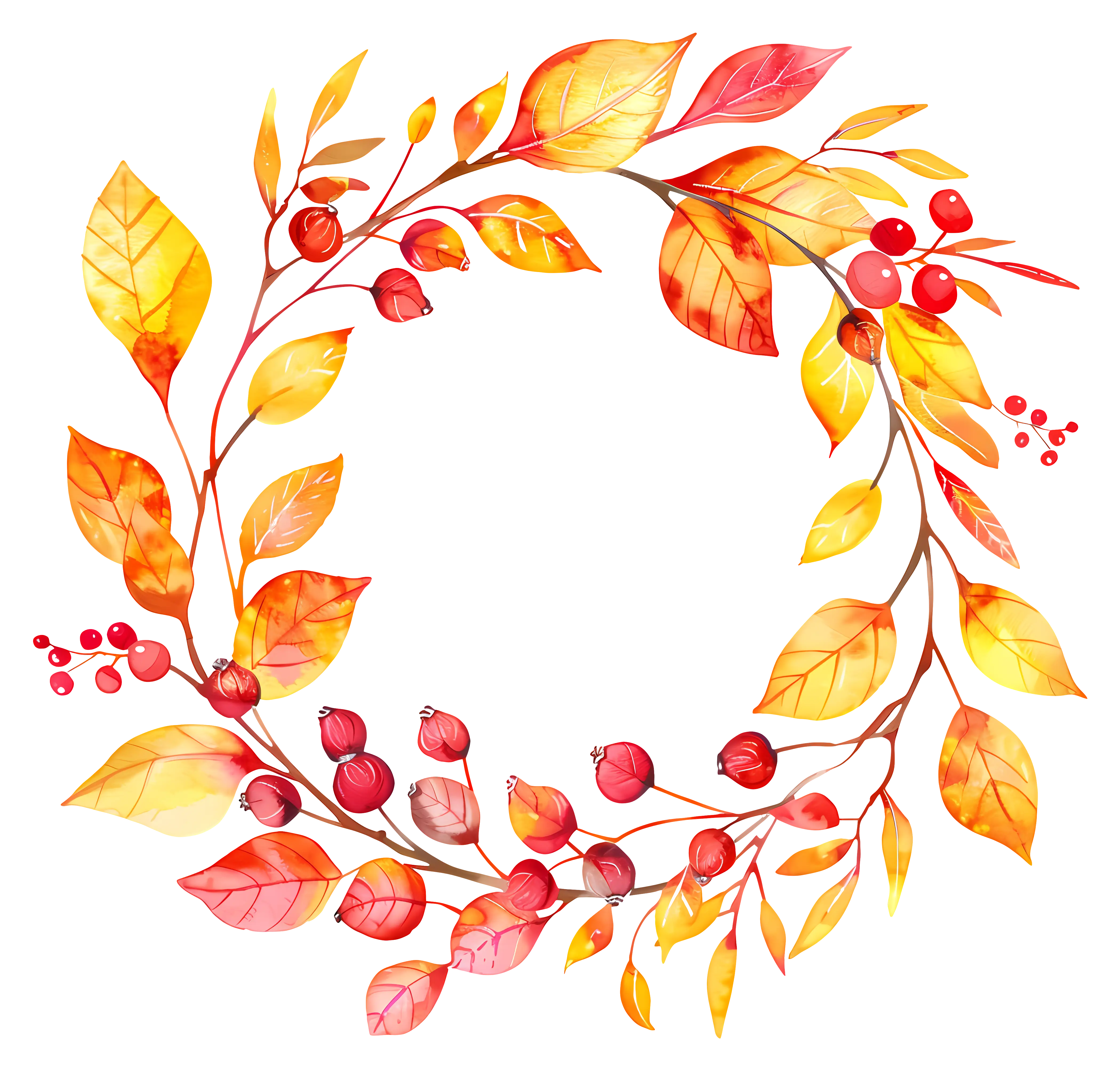 Watercolor Autumn Wreath with Leaves and Berries