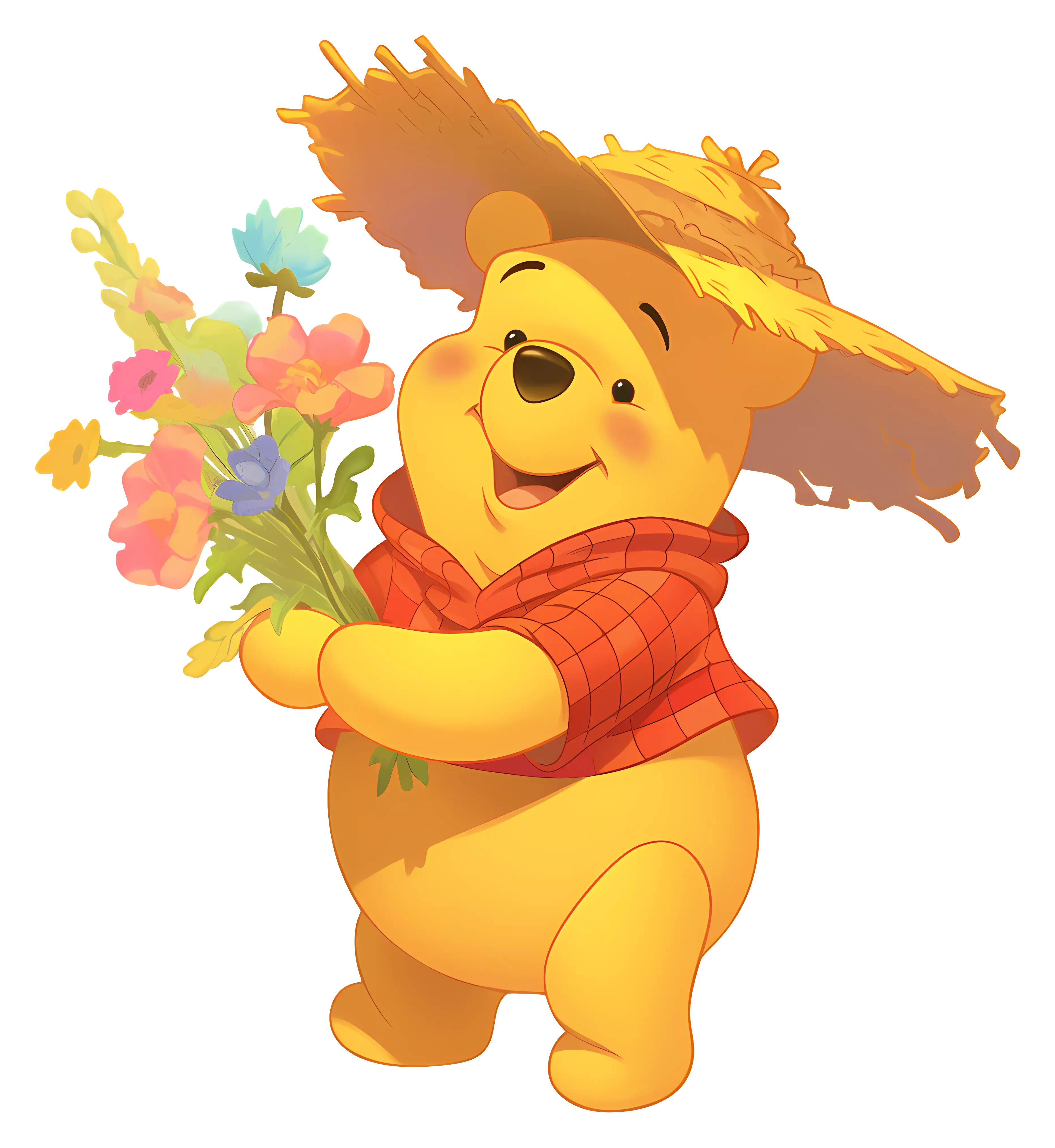 Yellow Bear Holding Flowers in a Straw Hat