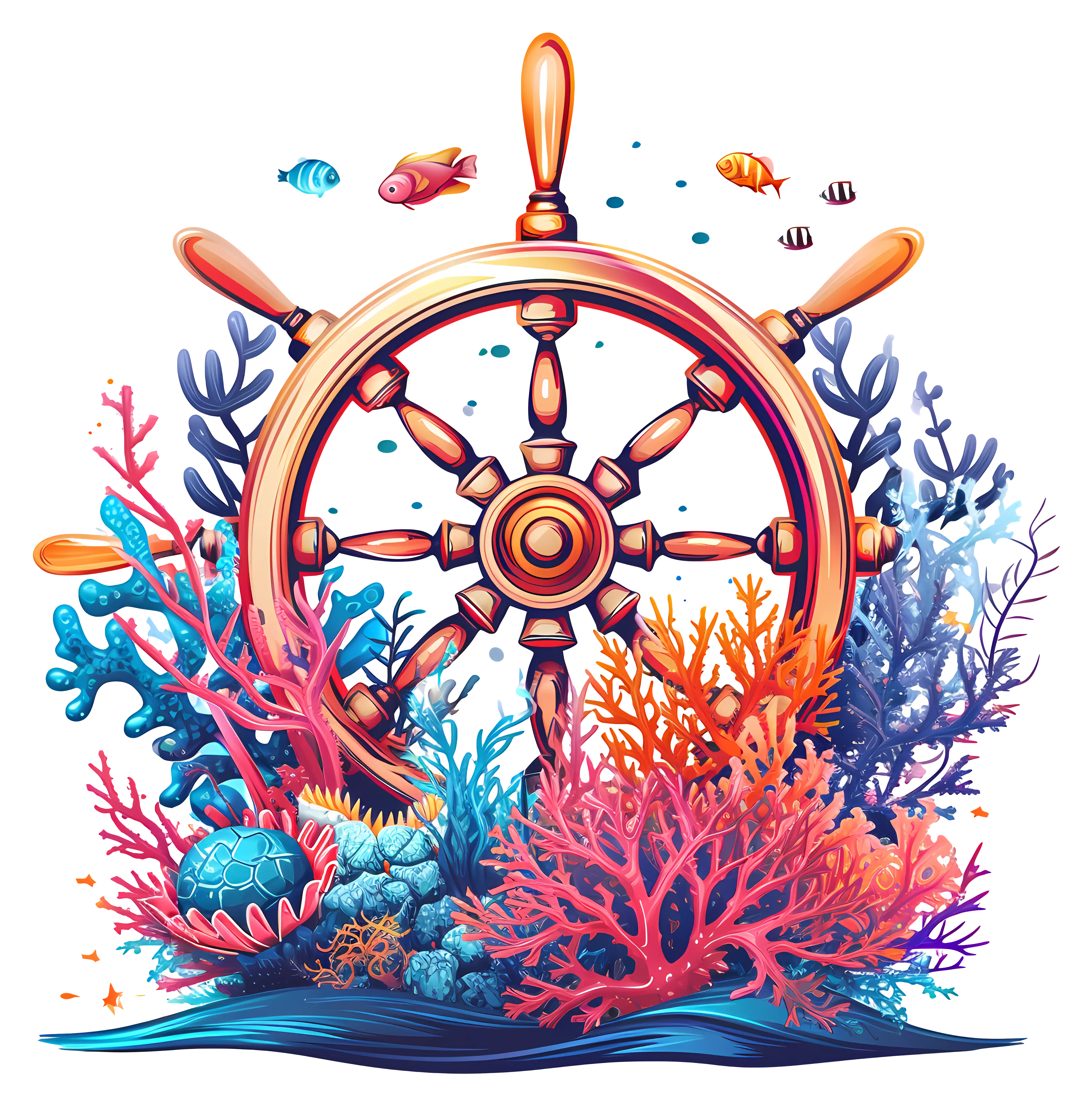 Nautical Ship Wheel and Colorful Coral